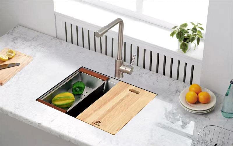 STARSTAR 25 x 18 x 10 Inch Undermount Single Bowl Stainless Steel Sink - 304 Grade with Grid, Wood Cutting Board, Colander & Strainer Basket - Perfect for Kitchen, Bar, Laundry, Office & Outdoor Use