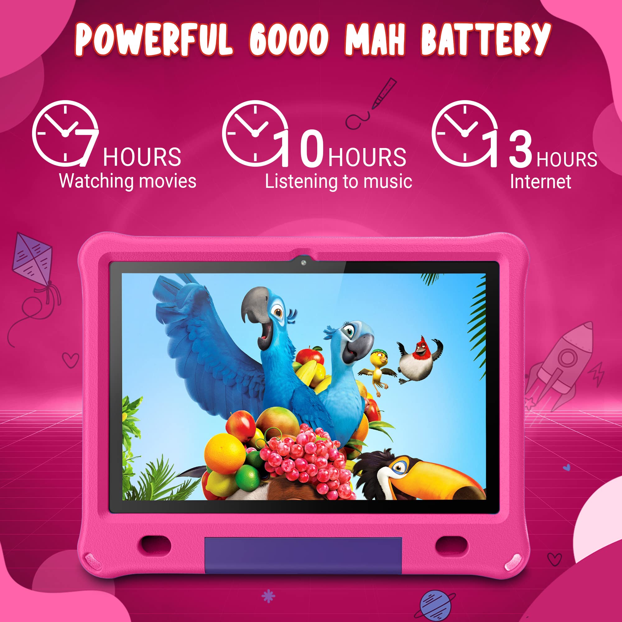 CosmoToys® Kids Tablet with Parental Control - Android 12, 6000mAh Battery, Includes Car Storage Cover & Tablet Holder - Educational Learning Tablet for Toddlers & Children (Pink) - Perfect for Road Trips, Homeschooling & Entertainment