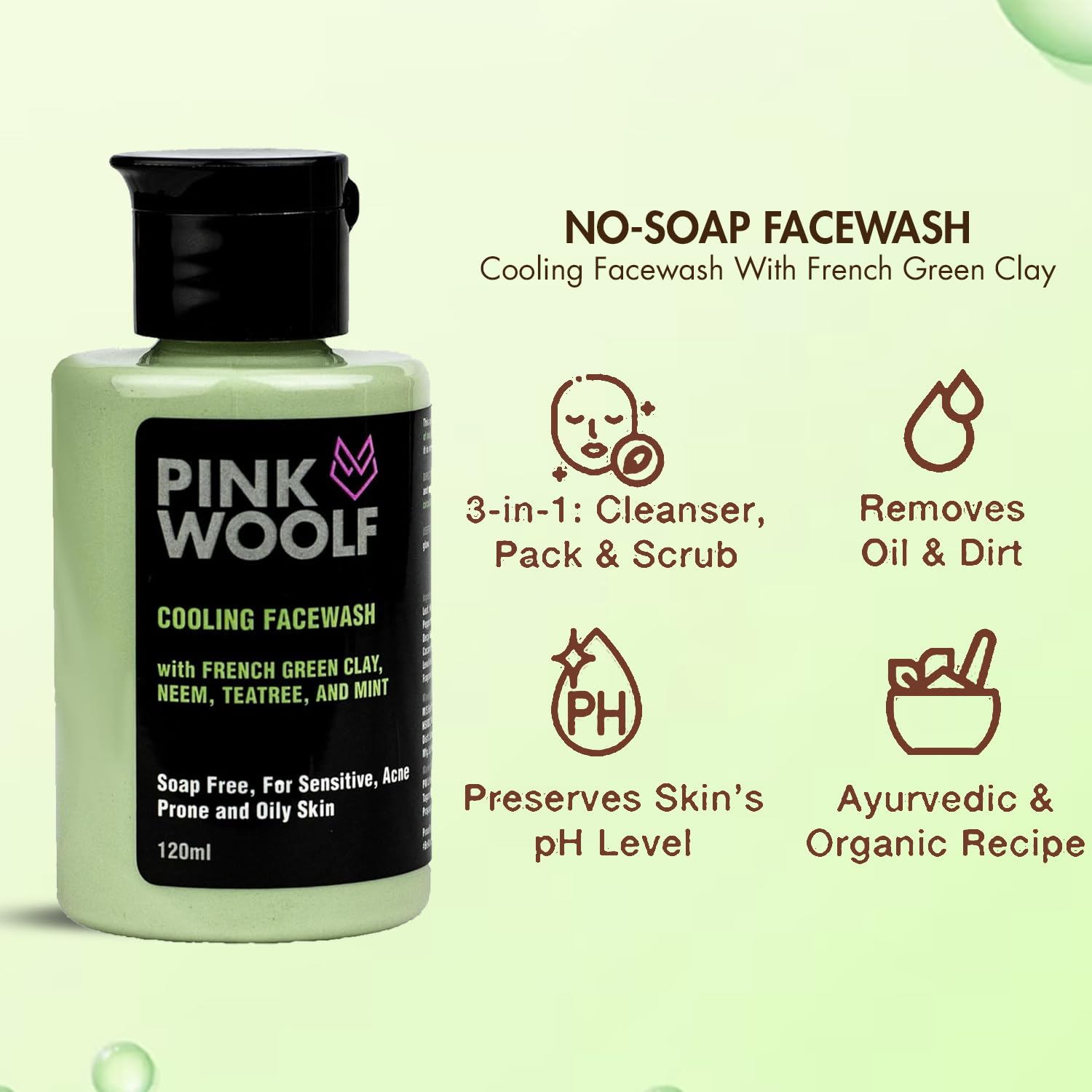 Pink Woolf Cooling Face Wash with French Green Clay, Neem, Tea Tree & Mint - Oil-Free & Soothing Cleanser for Sensitive, Acne-Prone & Oily Skin - 120ml (Pack of 1) | Perfect for Daily Skincare Routine & Post-Workout Refreshment