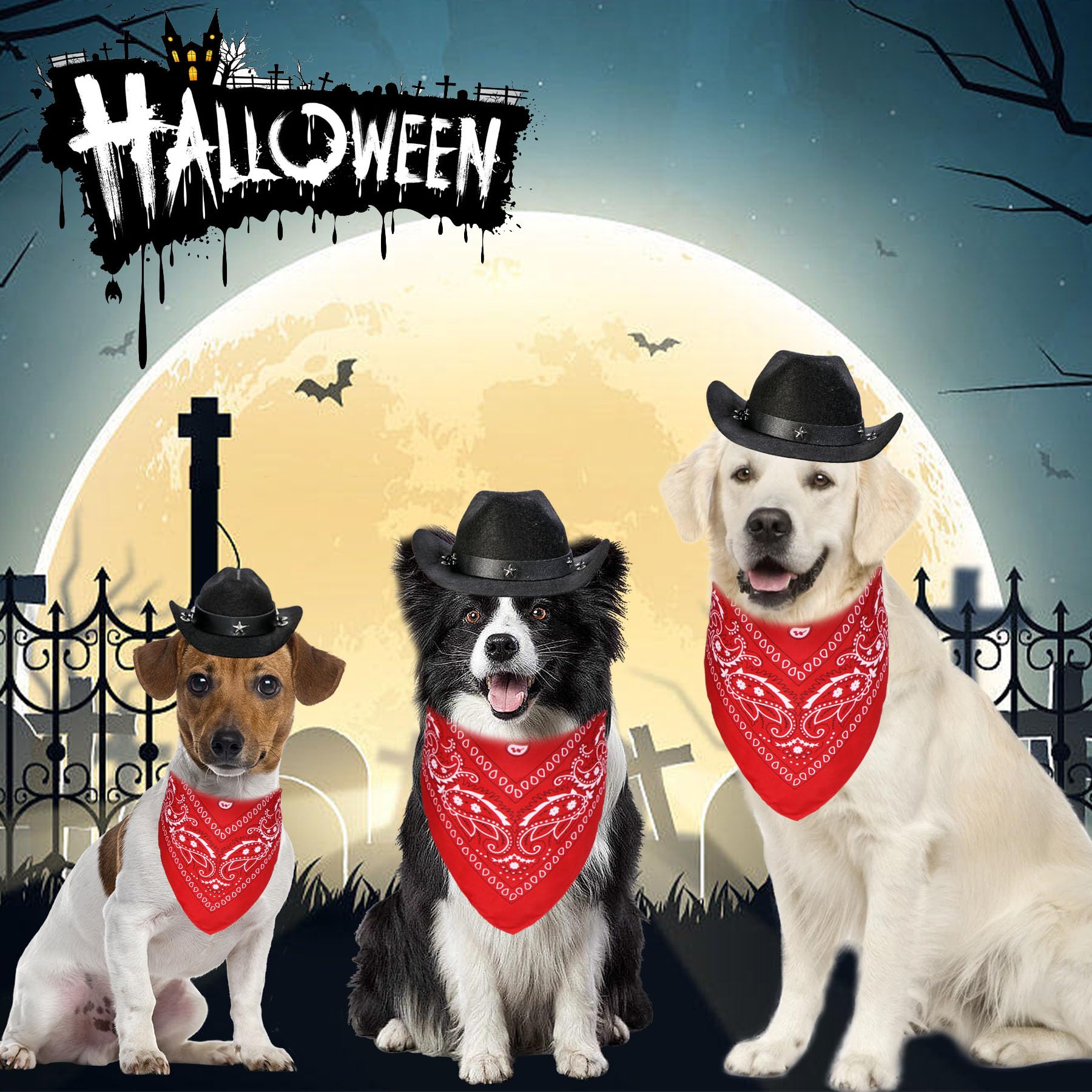 Funny Dog Cowboy Costume for Halloween - Cowboy Hat & Red Bandana Scarf for Small, Medium & Large Dogs | Perfect for Halloween Parties, Pet Parades & Photo Shoots (Black Hat & Red Bandana, Large)