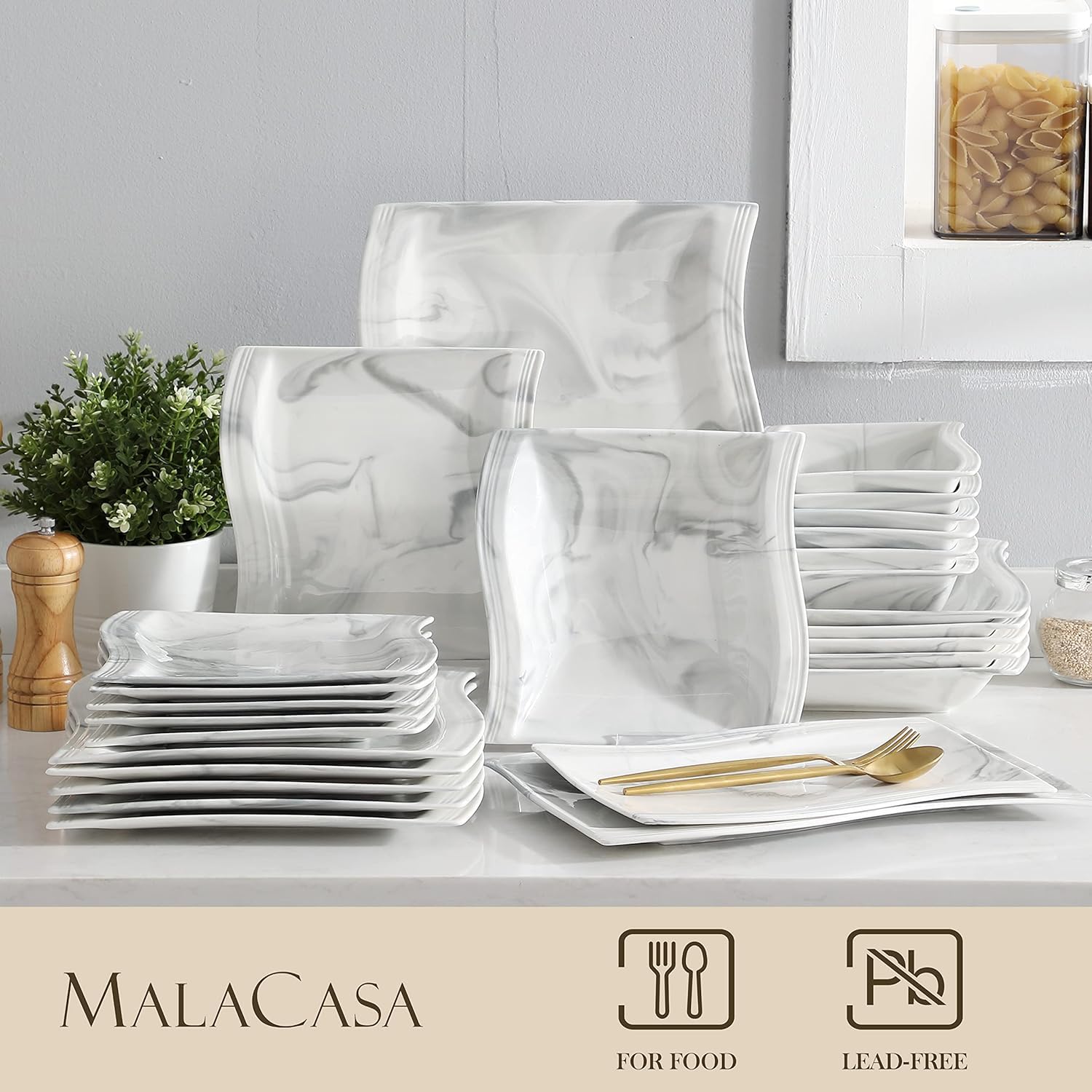 MALACASA 26-Piece Porcelain Dinnerware Set for 6 People - Square Plates, Bowls & Serving Dishes - Elegant Marble-Look Tableware (Flora Series) - Perfect for Family Dinners, Dinner Parties & Holiday Entertaining