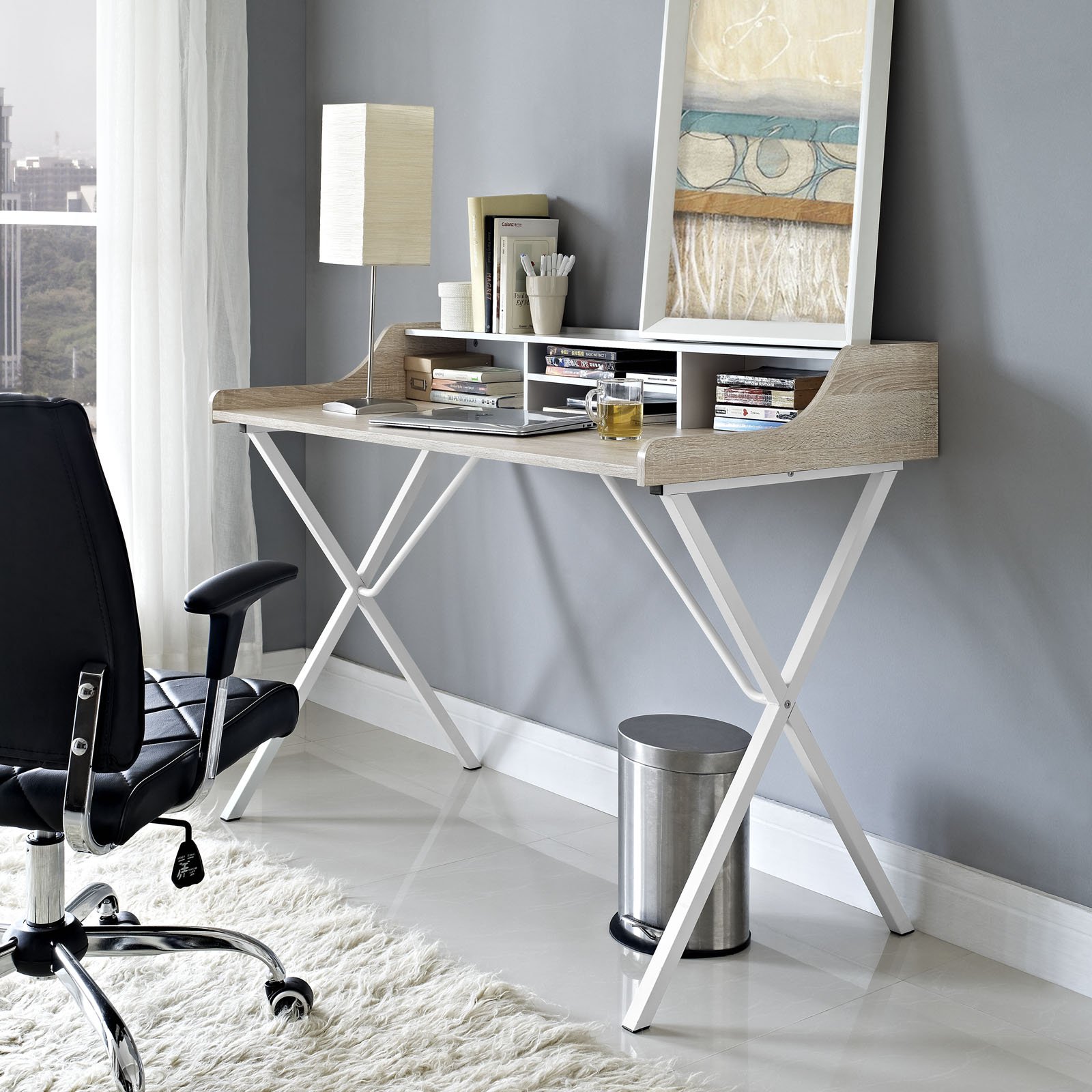Modway Bin Contemporary Modern Writing Desk with Storage Cubbies - Solid Oak Wood Home Office Desk for Small Spaces, Study & Workstation