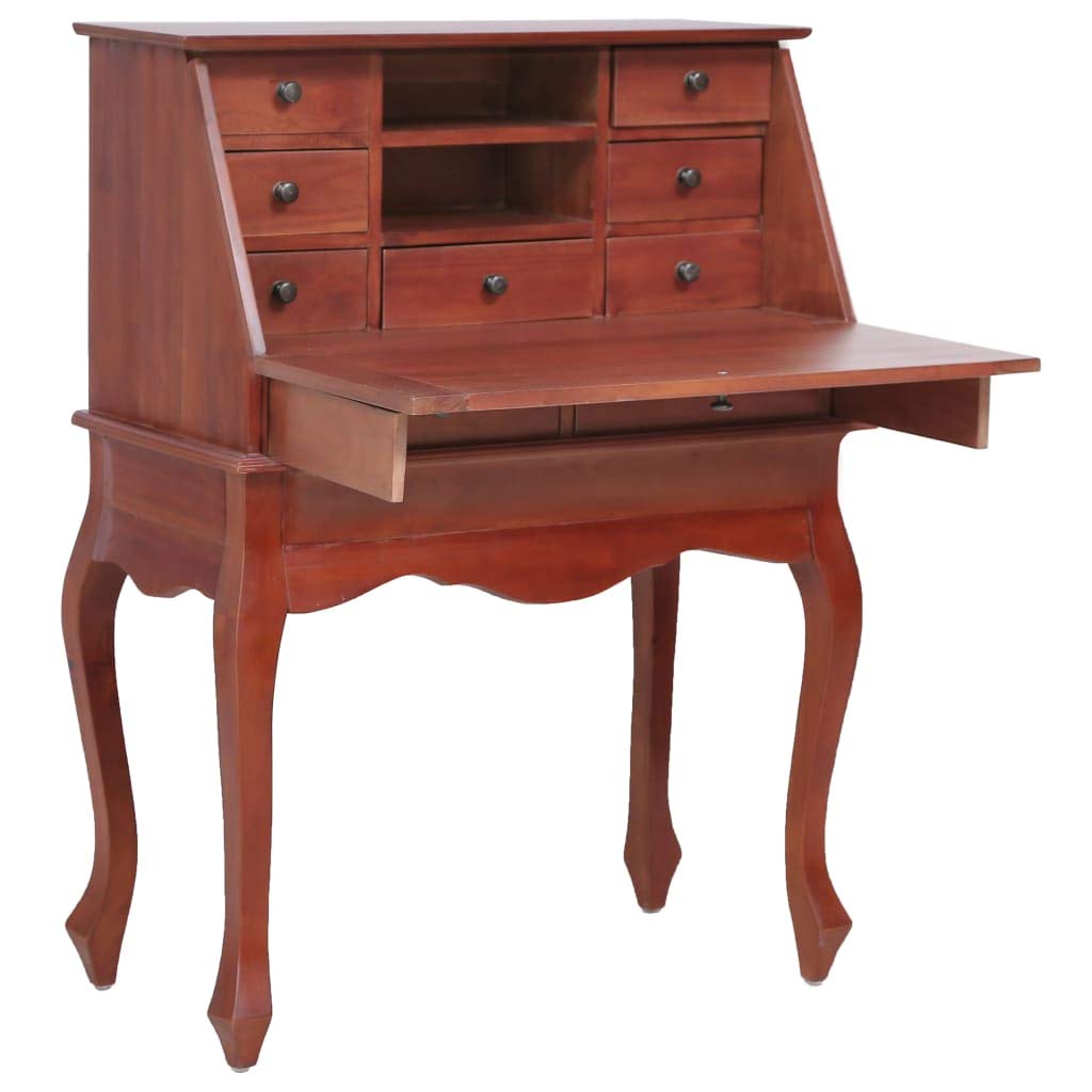 Vintage Wooden Secretary Desk with Flip Writing Board, 9 Drawers & 2 Open Compartments - Solid Wood Home Office Desk with Brass Knobs, Brown (30.7