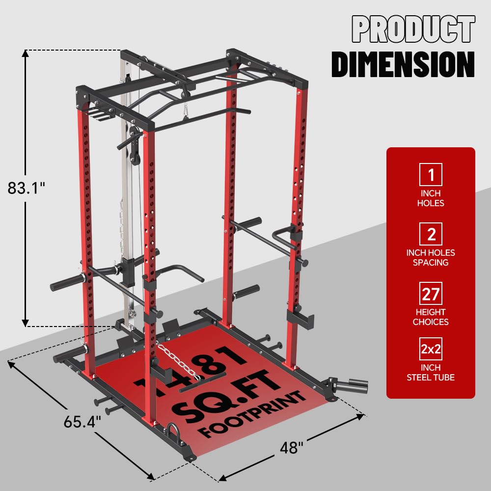 Heavy Duty Power Cage - Multi-Functional Power Rack with LAT Pulldown System & Cable Pulley for Full Body Workout | Squat Rack with Lever Arm, Belt Squat & Weight Plate Storage | Perfect for Home Gym Strength Training & CrossFit Workouts