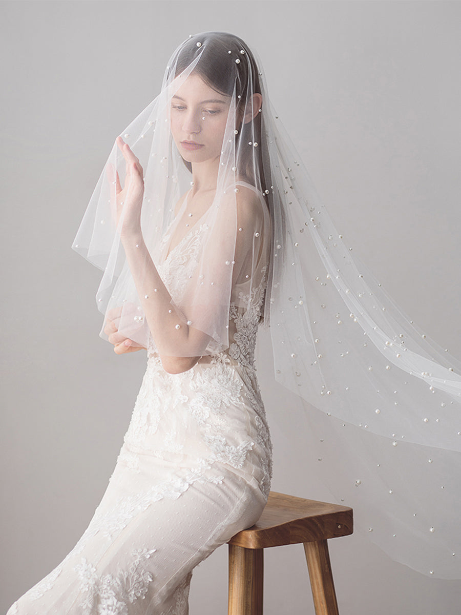 2 Layers Tulle Midi Wedding Veil With Pearls - Elegant Bridal Accessory for Wedding Ceremony & Photography - V607xmj