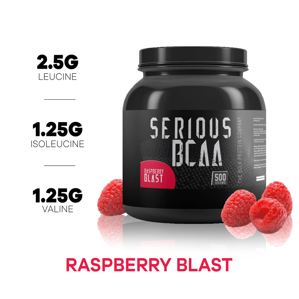 Serious BCAA Powder 500g (100 Servings) - Pre Workout Supplement for Muscle Growth & Recovery - Raspberry Blast Flavor by The Bulk Protein Company - Ideal for Gym, Fitness & Bodybuilding Training