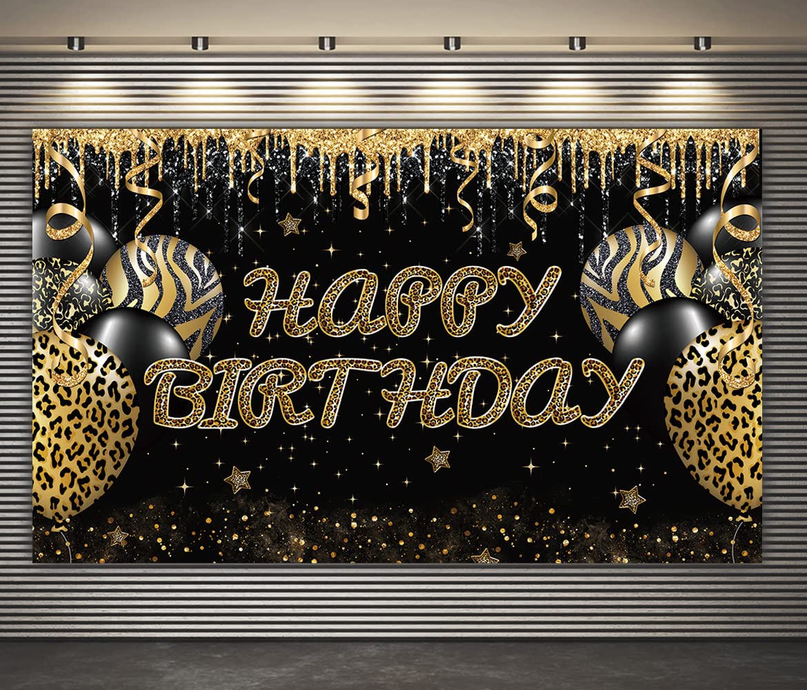 Gold Leopard Happy Birthday Backdrop - 6x3.6ft Large Cheetah Print Party Banner for Adults & Women - Photography Background for Birthday Decorations | Perfect for Jungle Theme Parties, Milestone Celebrations & Photo Booths