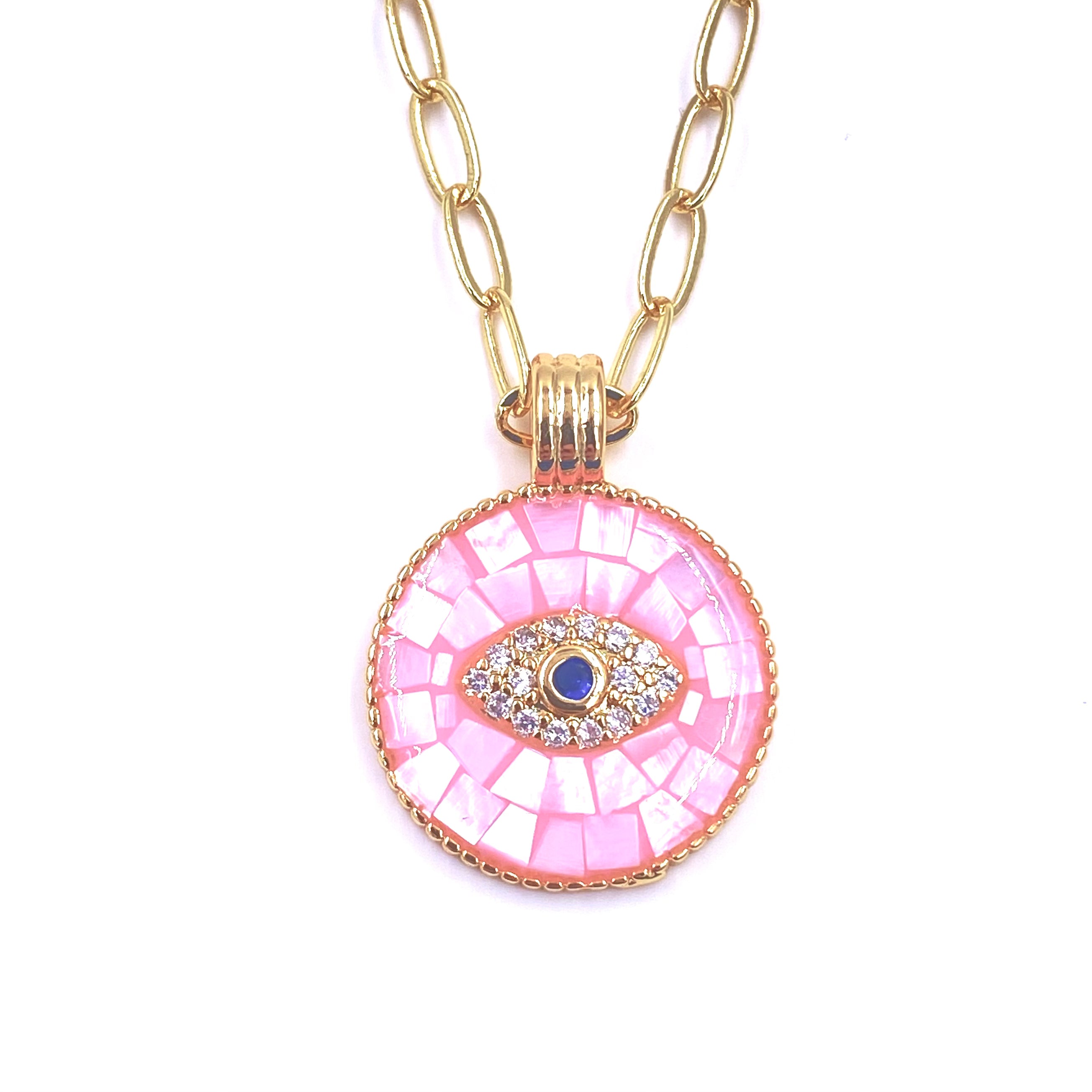 Ashley Gold Stainless Steel Evil Eye Necklace with Pink Opal Disc - Elegant Protection Jewelry for Women, Perfect for Everyday Wear & Gift Giving