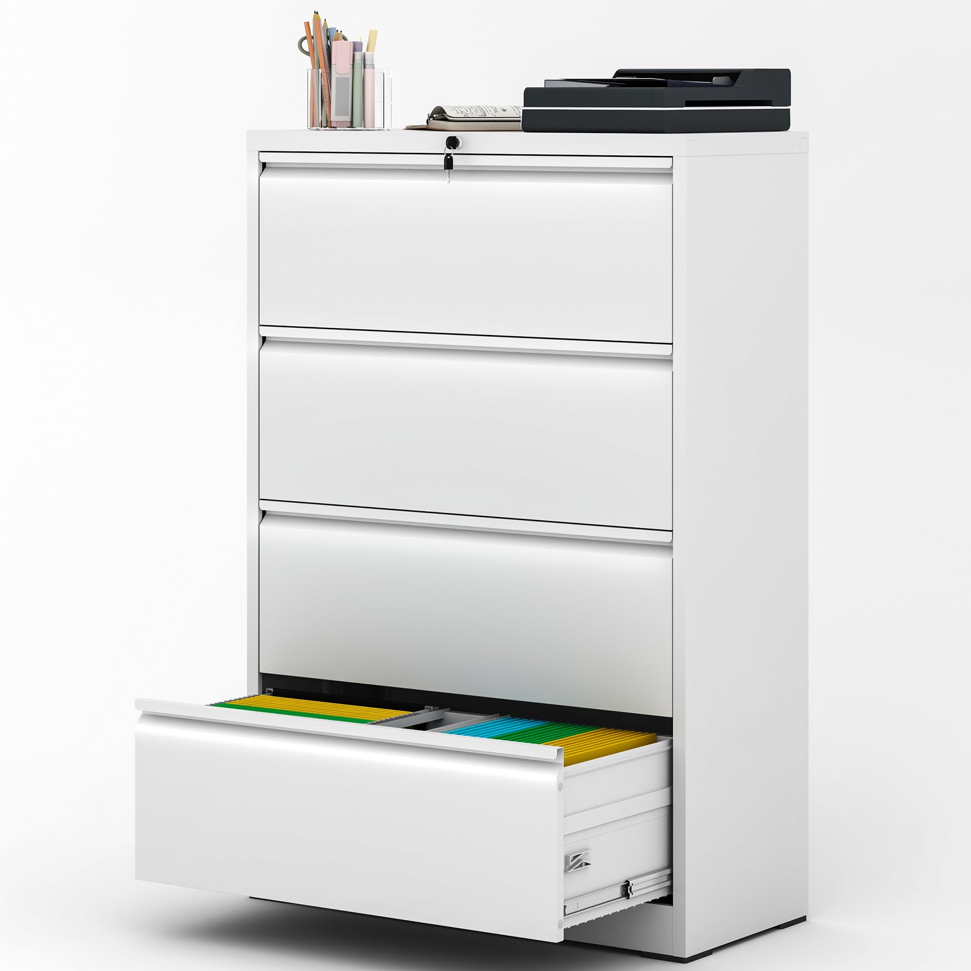 AQY 4-Drawer Locking Metal File Cabinet - Steel Lateral Office Storage for Hanging Files (Letter/Legal/F4/A4 Size) in White - Perfect for Home Office Organization & Document Management
