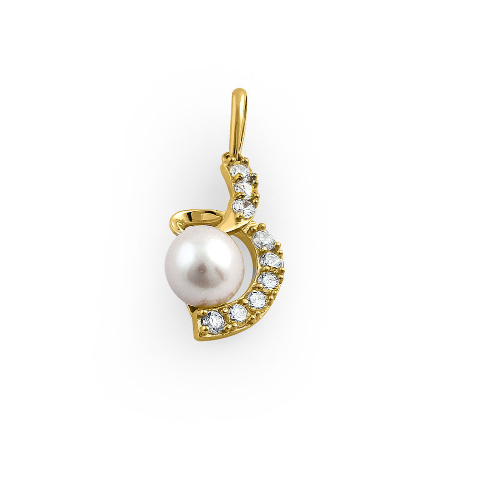 14K Yellow Gold Twisted Pearl and Cubic Zirconia Pendant Necklace - Elegant Jewelry for Women, Perfect for Weddings, Parties, and Special Occasions