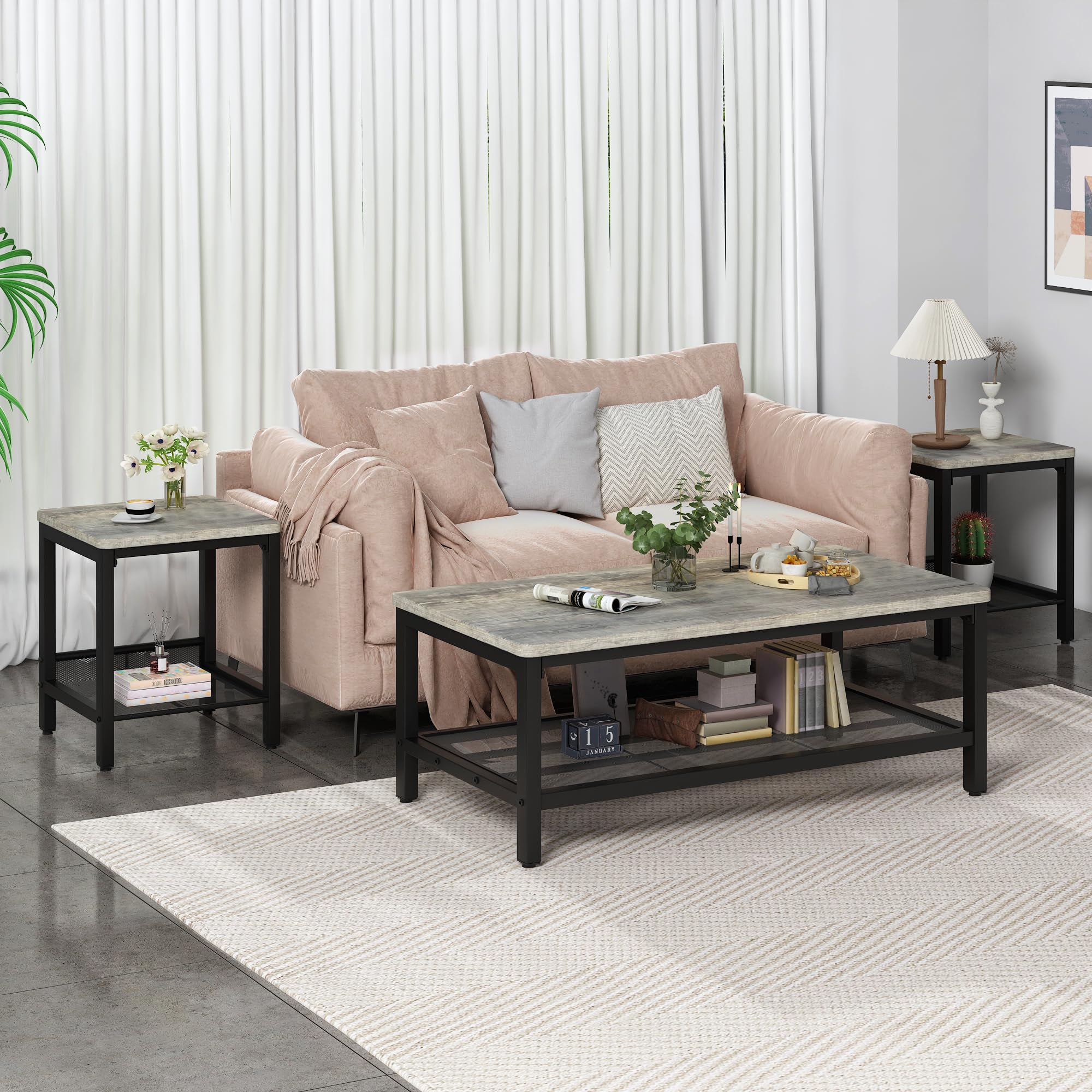 AWQM 3-Piece Industrial Coffee Table Set with 2 Square End Tables - Modern Metal Frame Living Room Furniture for Apartment & Home Office - Grey - Perfect for Small Spaces, Entertaining Guests & Cozy Nights