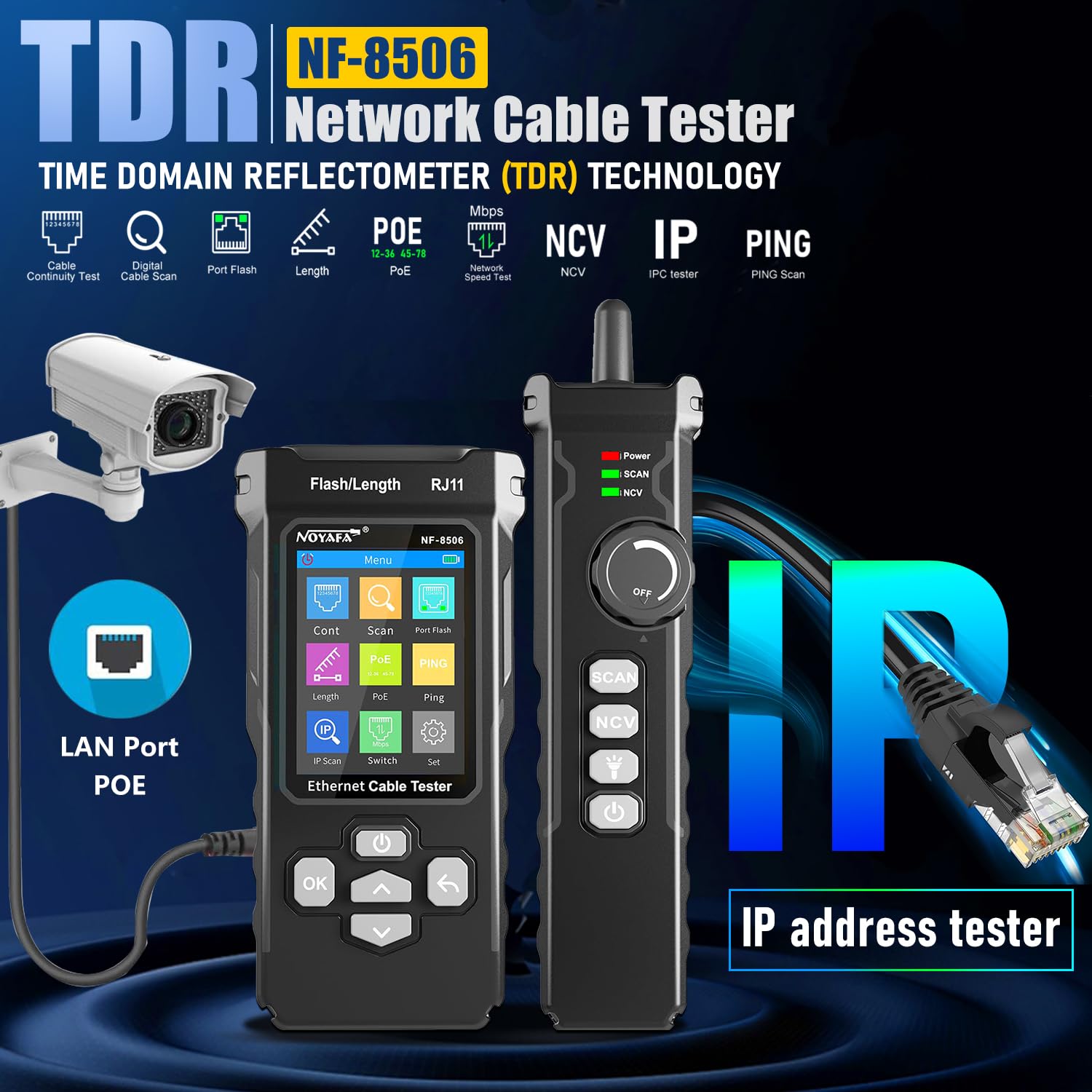 NOYAFA NF-8506 Professional Network Cable Tester with IP Scanner, Network Speed Test, NCV, POE, Ping & TDR for CAT5/CAT6 - RJ11/RJ45 LAN Ethernet Cable Tester & Telephone Wire Finder - Perfect for IT Technicians, Network Installations & Home Office Setup