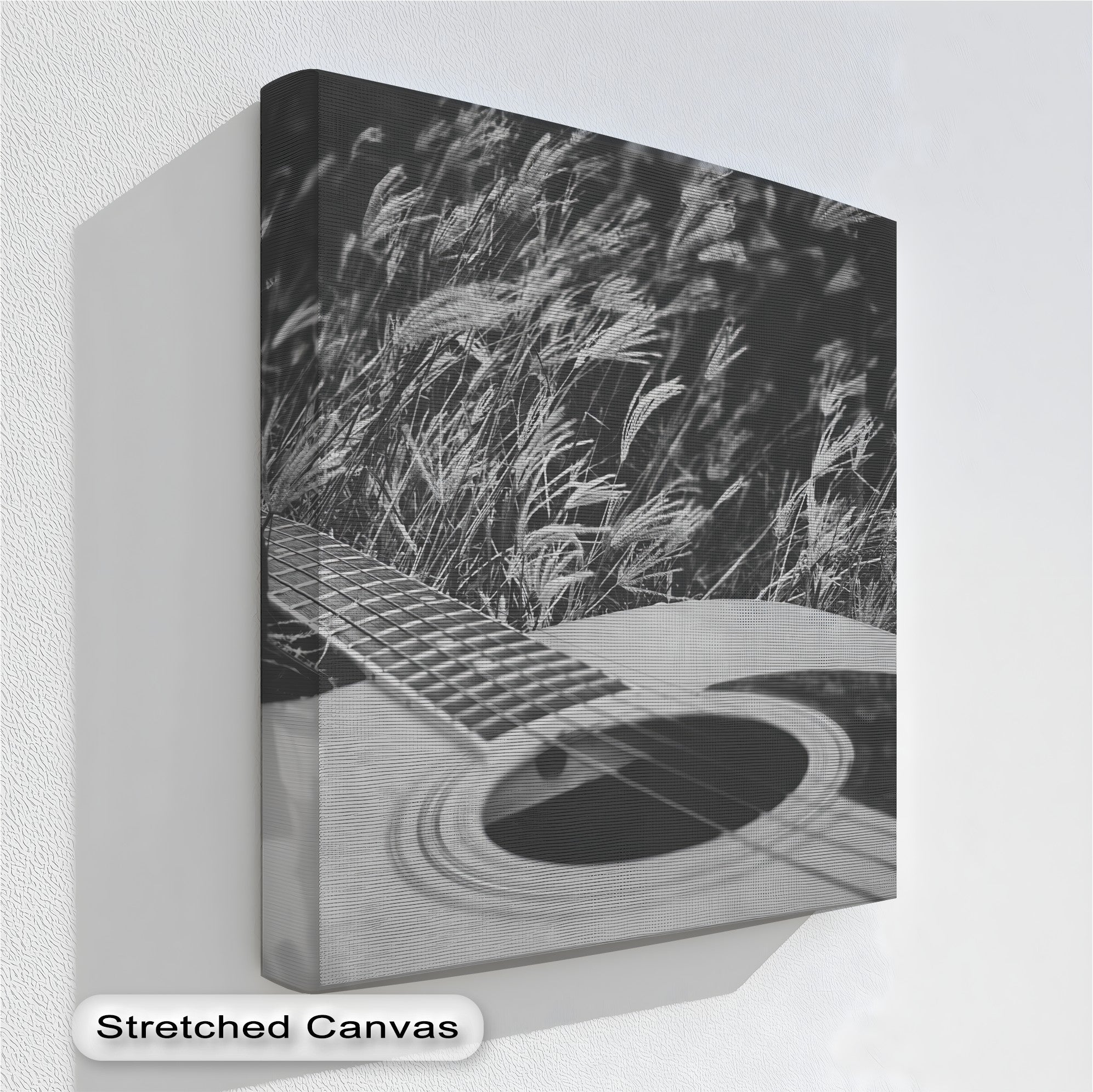 Acoustic Guitar in Field - Black and White Nature Music Canvas Prints | Wall Art Decor for Living Room, Bedroom & Office | Music Lover Gift