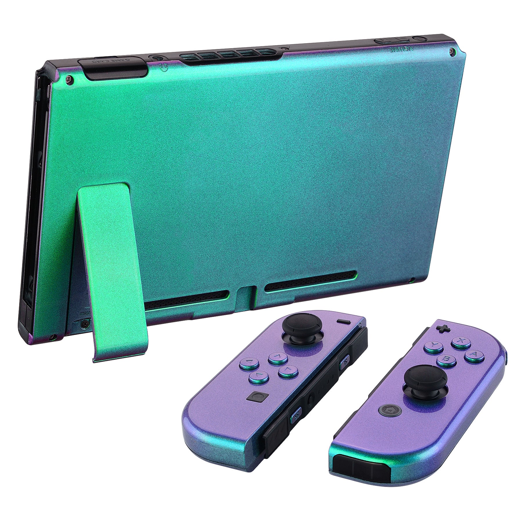 eXtremeRate Glossy Back Plate Replacement Shell for Nintendo Switch & Joy-Con Controllers - Chameleon Green Purple (QP311) | DIY Custom Housing with Full Button Set | Perfect for Gaming Enthusiasts & Console Modders