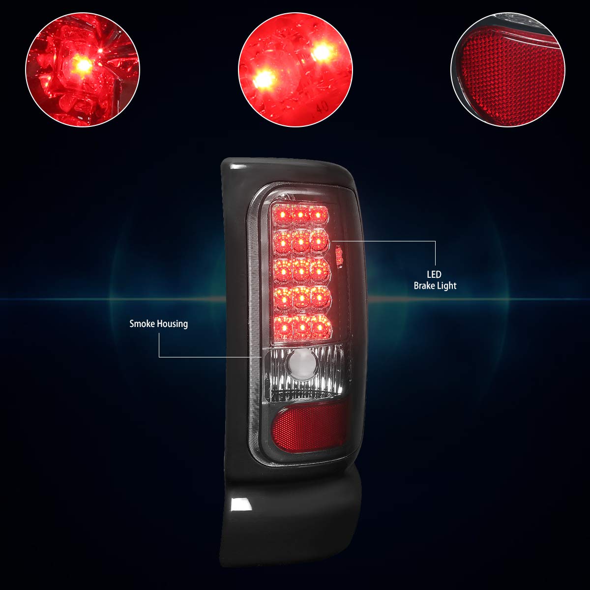PM PERFORMOTOR Full LED Tail Lights Brake Lamps Assembly - Compatible with 1994-2002 Dodge Ram 1500/2500/3500 - Chrome Housing & Smoked Lens - Enhanced Visibility & Safety for Night Driving & Off-Road Adventures