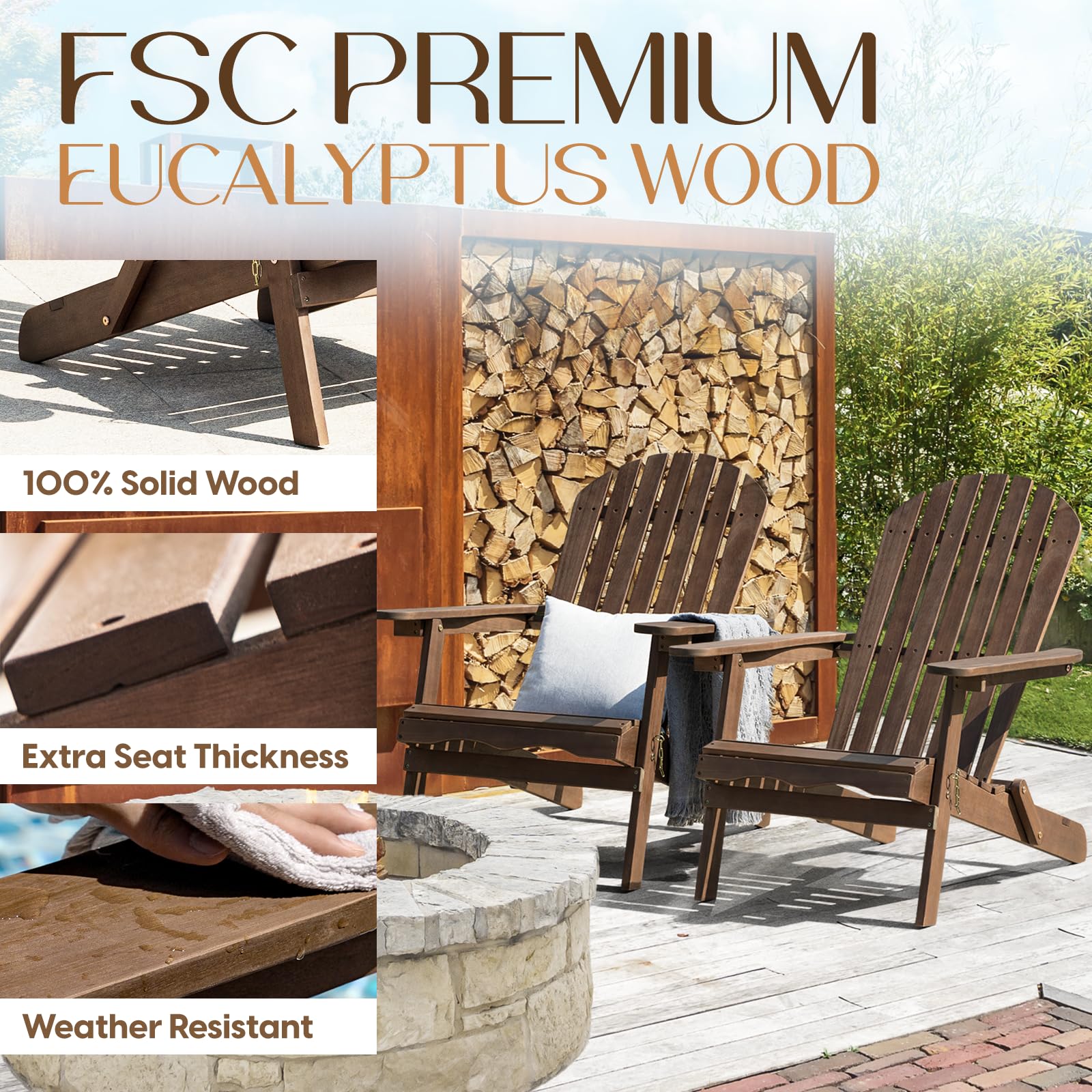 Premium IDZO Outdoor Adirondack Chair Set of 2 - Pre-Assembled Backrest Patio Furniture for Garden, Porch, Deck & Firepit - Perfect for Backyard Relaxation, Poolside Lounging & Outdoor Entertaining