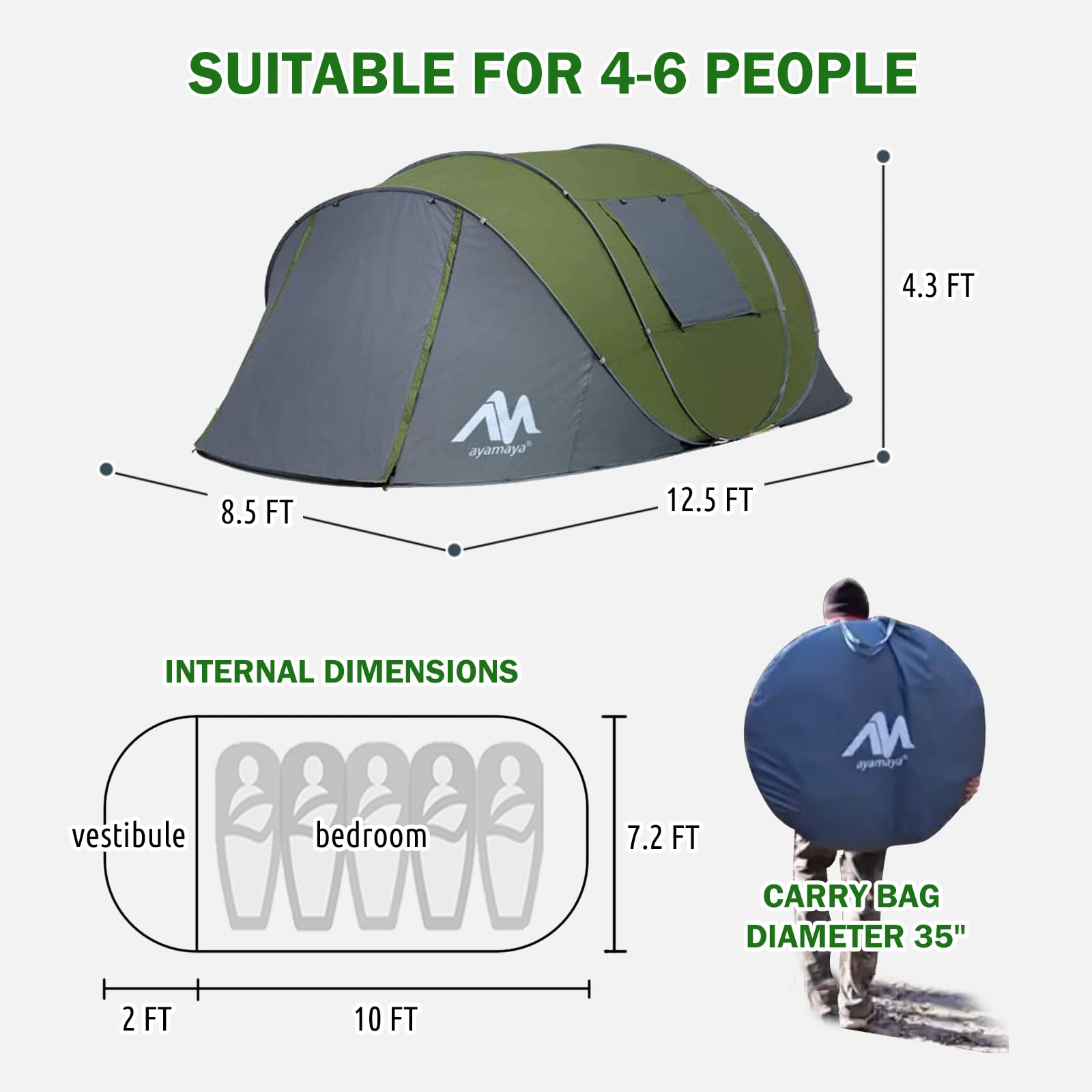 AYAMAYA 6 Person Pop Up Tent - Waterproof Instant Family Camping Tent with 2 Doors, Vestibule & Porch, Double Layer for 4-6 People - Easy Automatic Setup for Camping, Hiking, Beach Trips & Outdoor Adventures