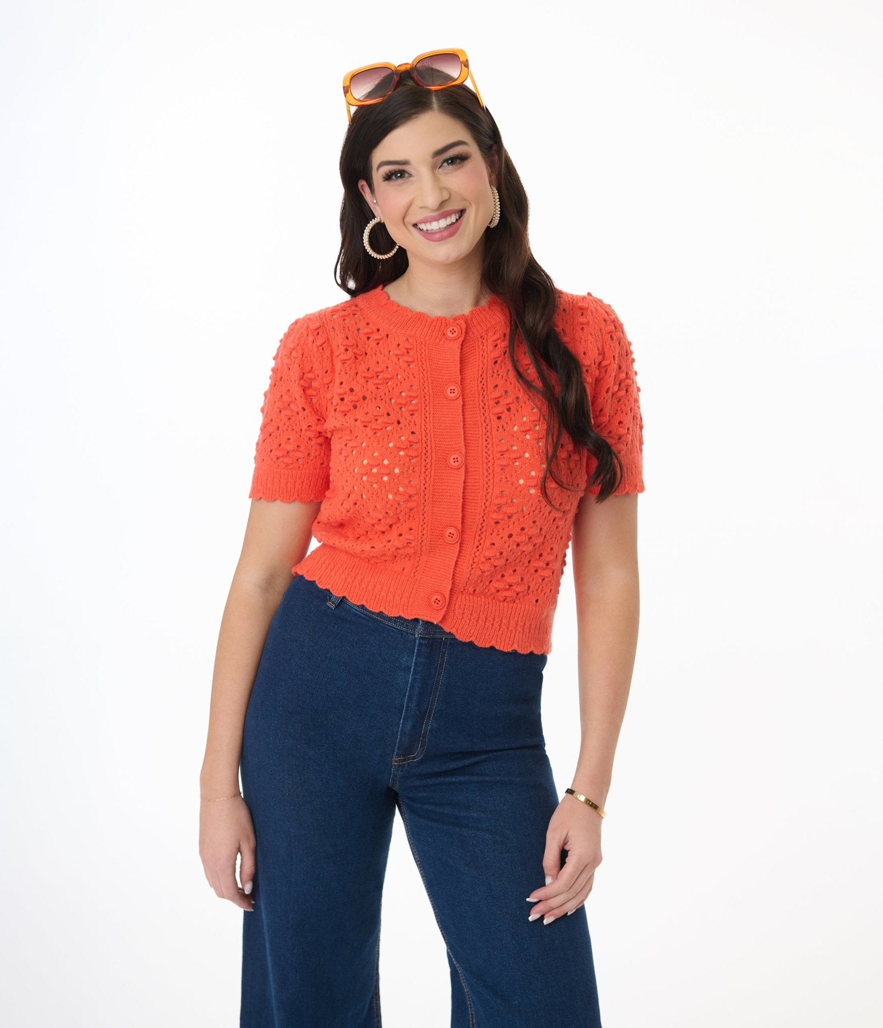 Orange Cropped Pointelle Cardigan for Women - Soft Knit Lightweight Sweater - Perfect for Spring & Summer Layering, Casual Outfits, and Office Wear