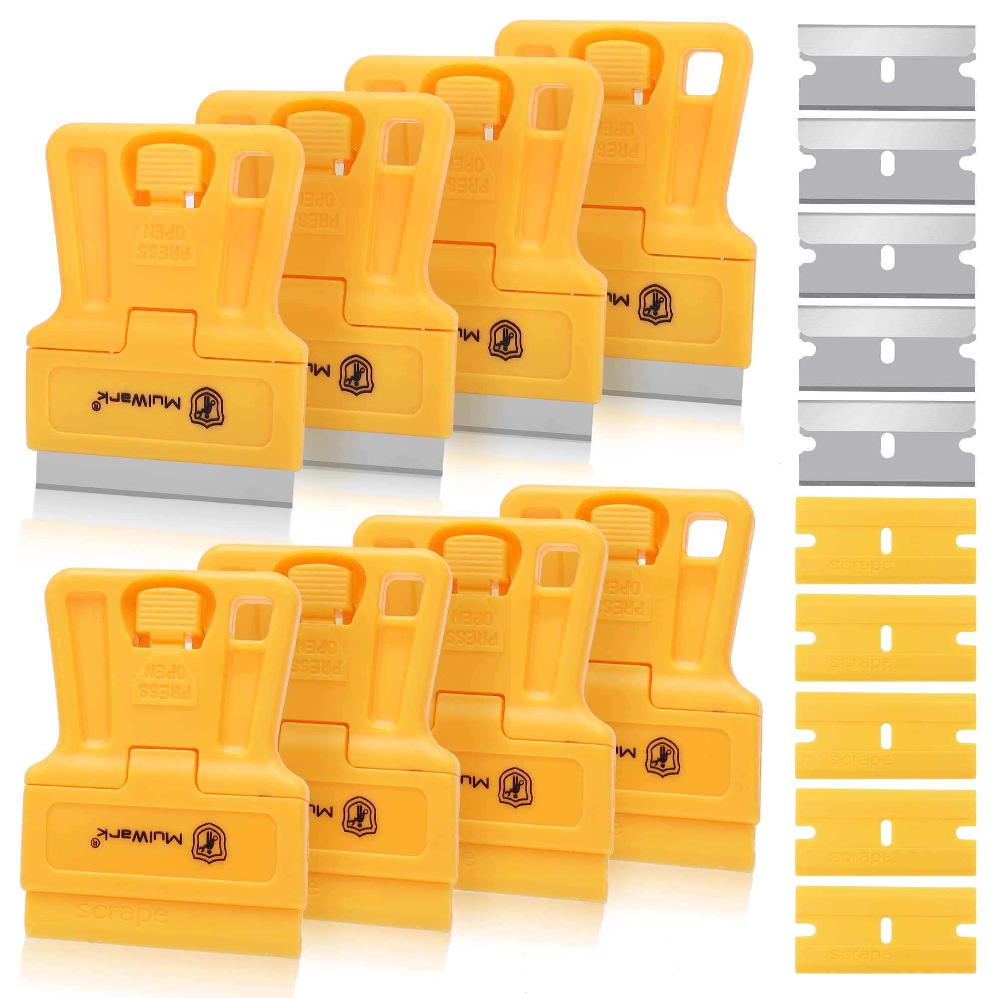 MulWark 8-Pack Razor Blade Scraper Tool Set with 5 Plastic & 5 Metal Blades - Paint Remover, Window Cleaner, Glass Scraper, Oven Cleaner - Perfect for Home Improvement, DIY Projects, Car Detailing & Surface Cleaning