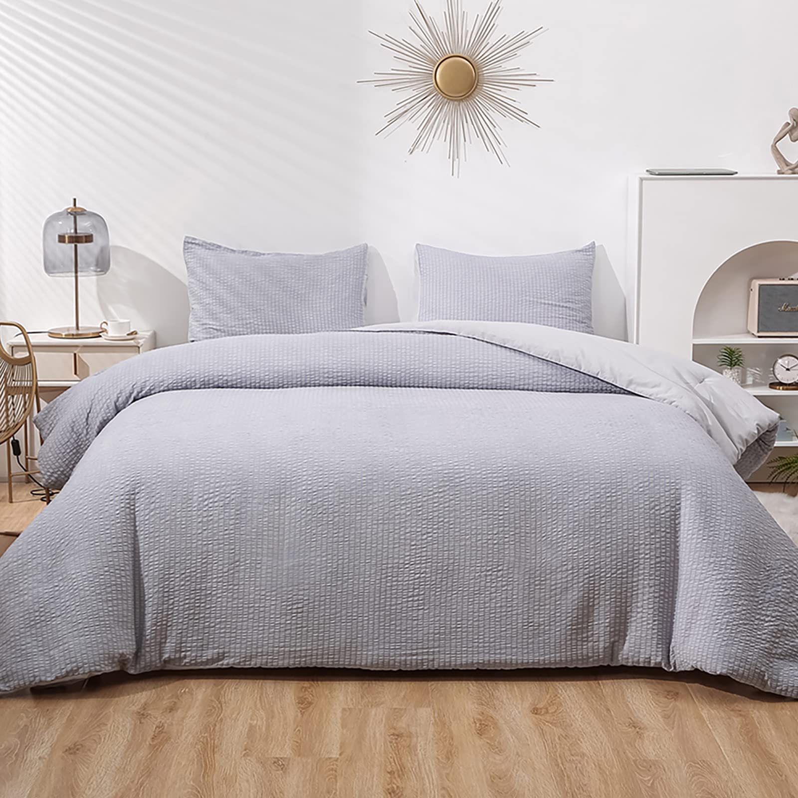 LUCKYBULL 3-Piece Seersucker Comforter Set - Full Size 100% Soft Washed Microfiber Lightweight Bedding for All Seasons, Textured Grey 79