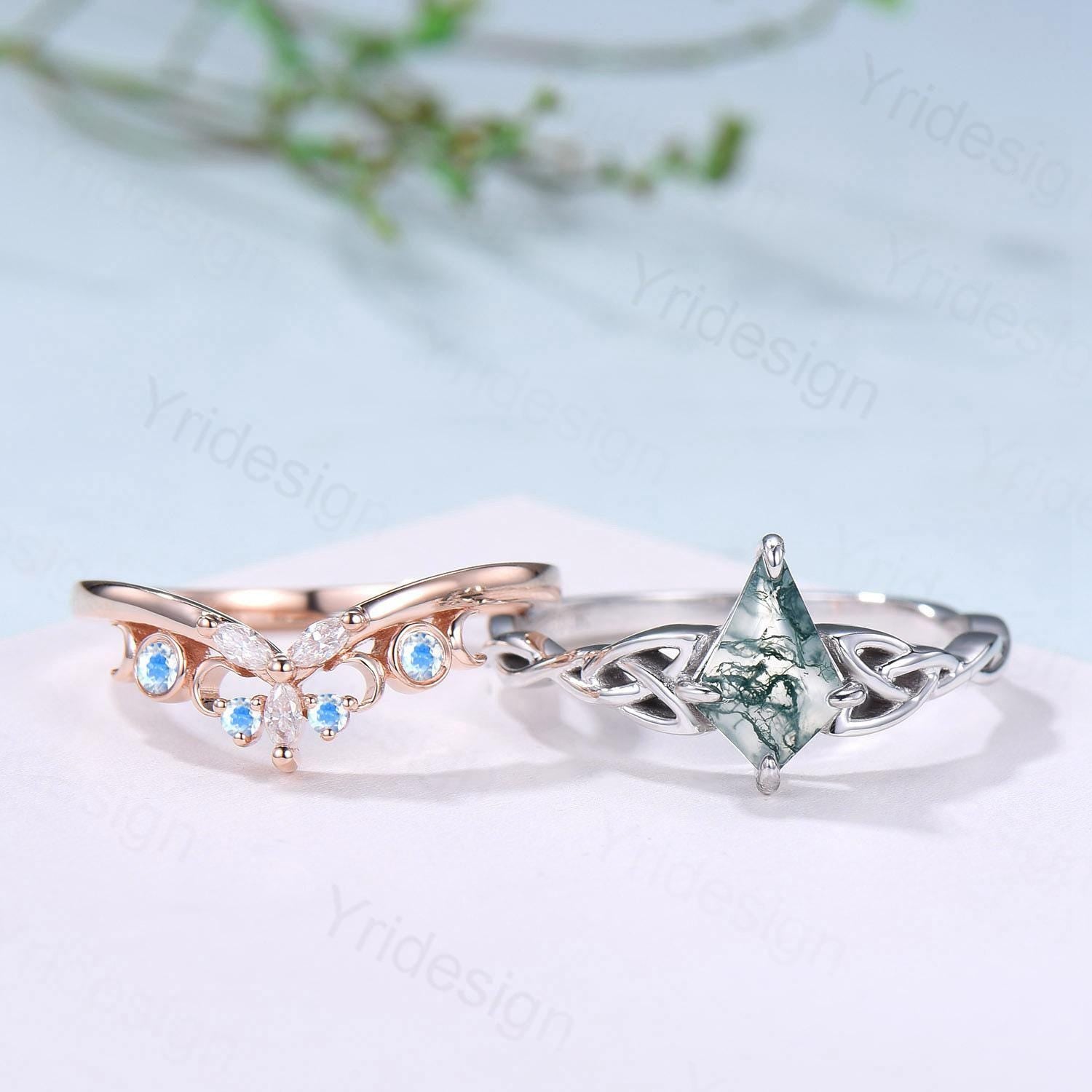 Viking Kite Cut Moss Agate Engagement Ring Set with Celtic Love Knot Moonstone Wedding Band - Vintage Unique Twisted Green Crystal Bridal Jewelry for Norse Wedding, Handfasting Ceremony & Boho Bridal Fashion
