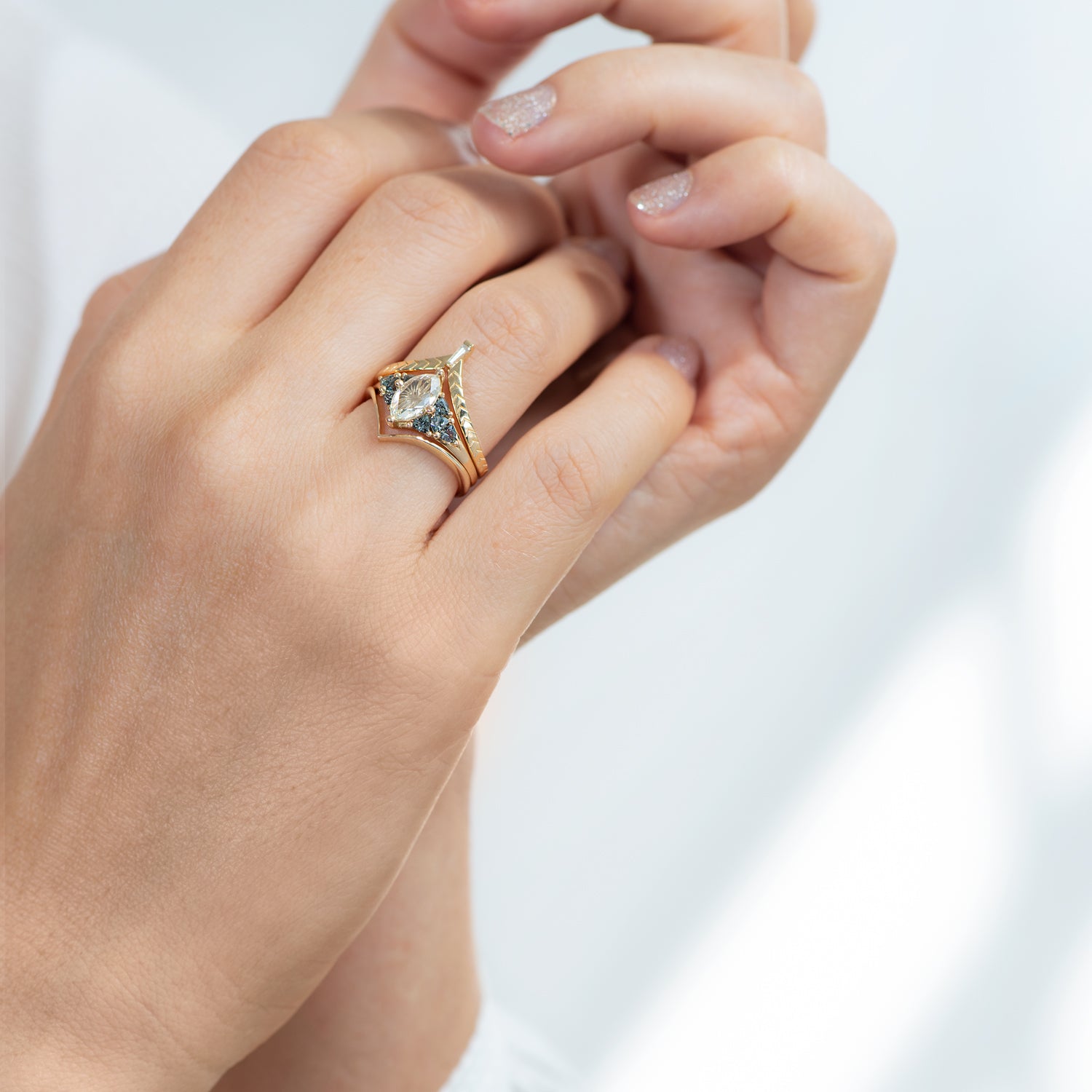 Exquisite Starburst Rose Cut Diamond Engagement Ring with Teal Sapphire Trillions - Vintage Inspired Wedding Jewelry for Brides & Proposal Gifts