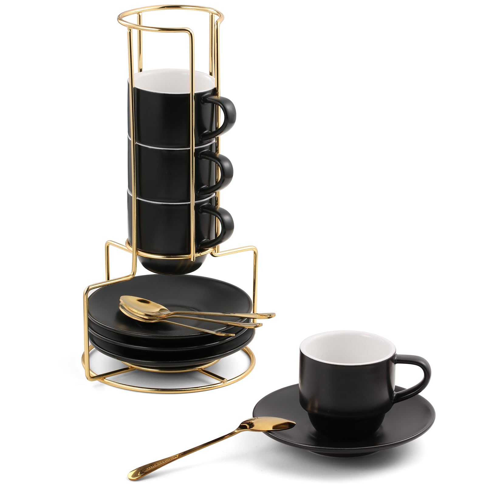 Lareina 4-Piece Espresso Cup Set with Saucers, Spoons & Metal Stand - 3oz Stackable Ceramic Demitasse Mugs for Nespresso, Black - Perfect for Home, Office & Coffee Shops