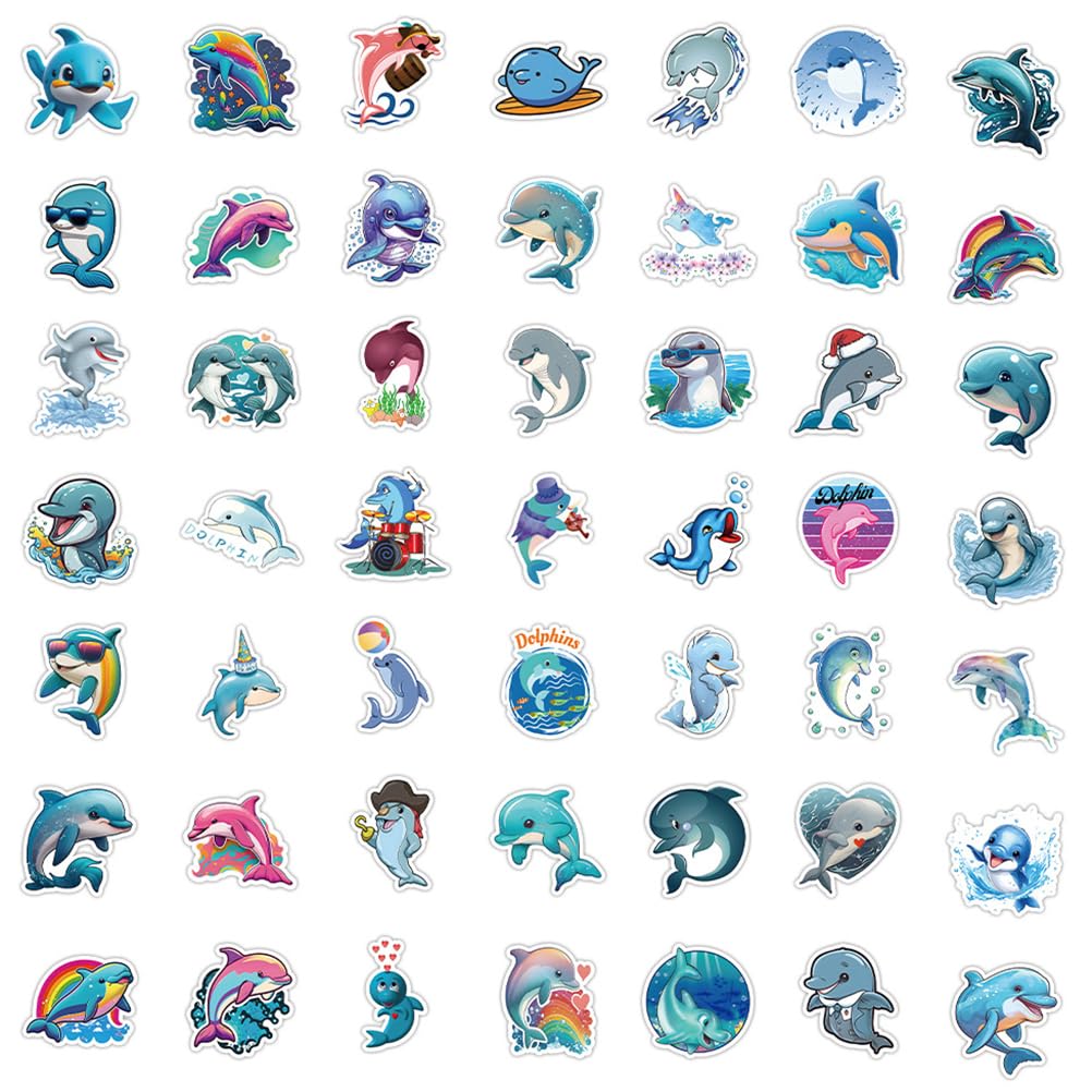50pcs Waterproof Dolphin Stickers - Cute Cartoon Dolphin Decals for Kids, Teens, Students - DIY Vinyl Stickers for Phone, Laptop, Skateboard, Luggage, Guitar, Water Bottles - Perfect for School, Travel, and Room Decor