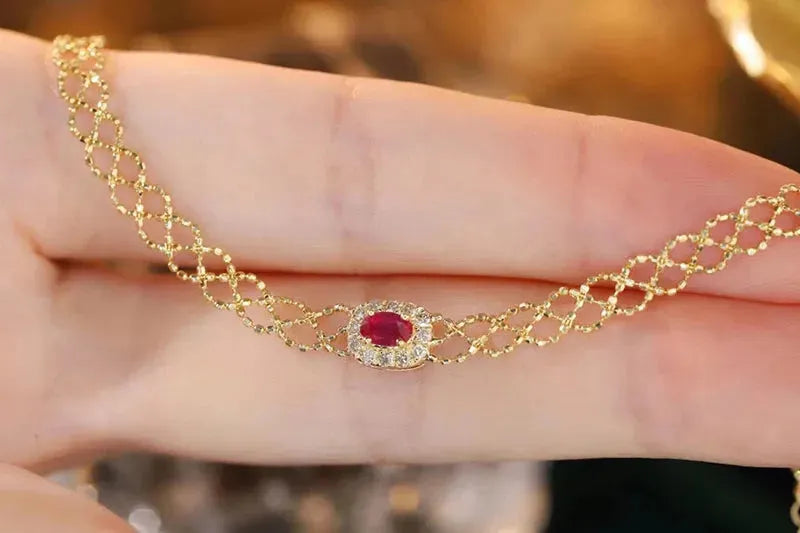 18K Yellow Gold Vintage Weave Bracelet with Natural Ruby & Diamond - Elegant Women's Jewelry for Birthday, Anniversary & Special Occasions