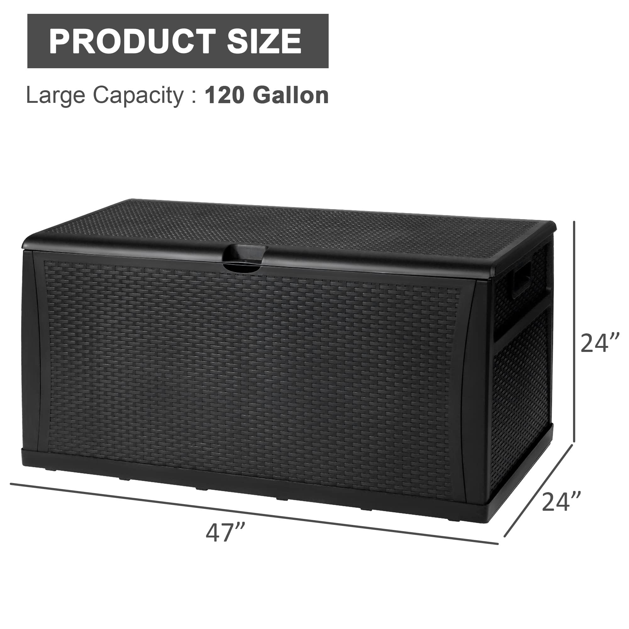 LUCKYERMORE 120 Gallon Large Outdoor Deck Box - Waterproof, Lockable Storage Container for Patio, Garden & Backyard - Heavy-Duty Resin Rattan Design - Perfect for Cushions, Toys & Pool Accessories