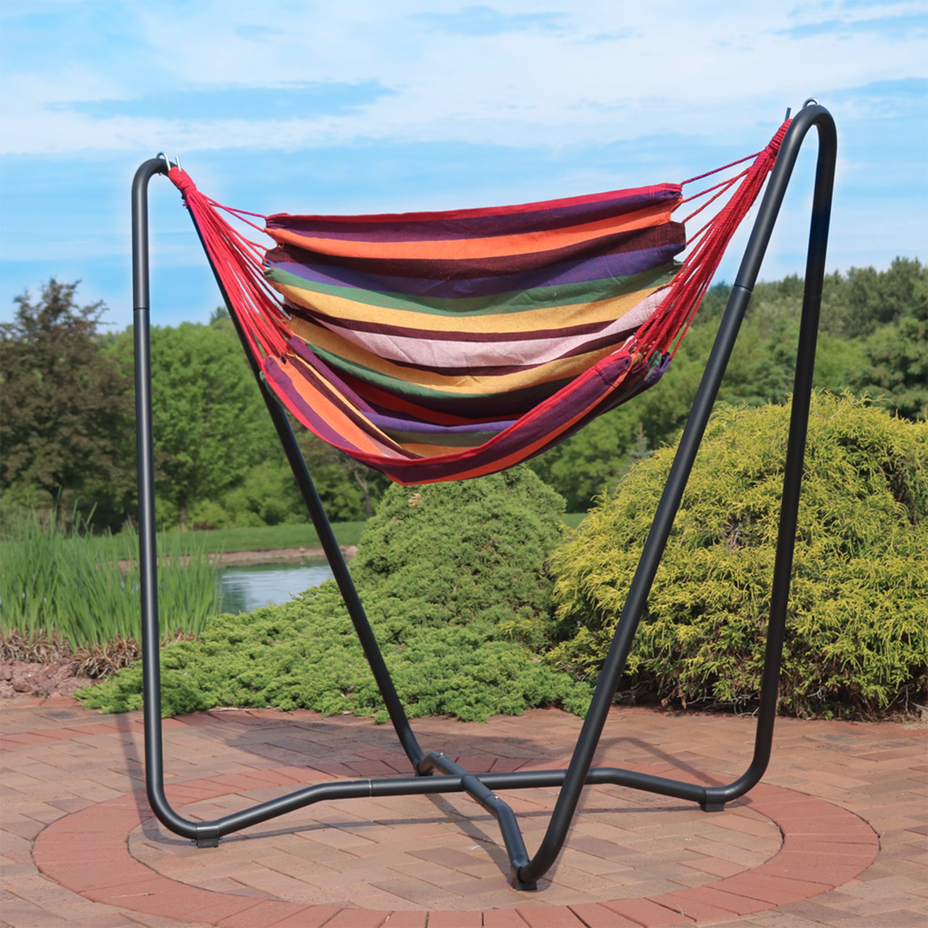 Sunnydaze Hanging Rope Hammock Chair with Space-Saving Stand - Indoor/Outdoor Swing Chair for Patio, Garden, Balcony & Bedroom Relaxation