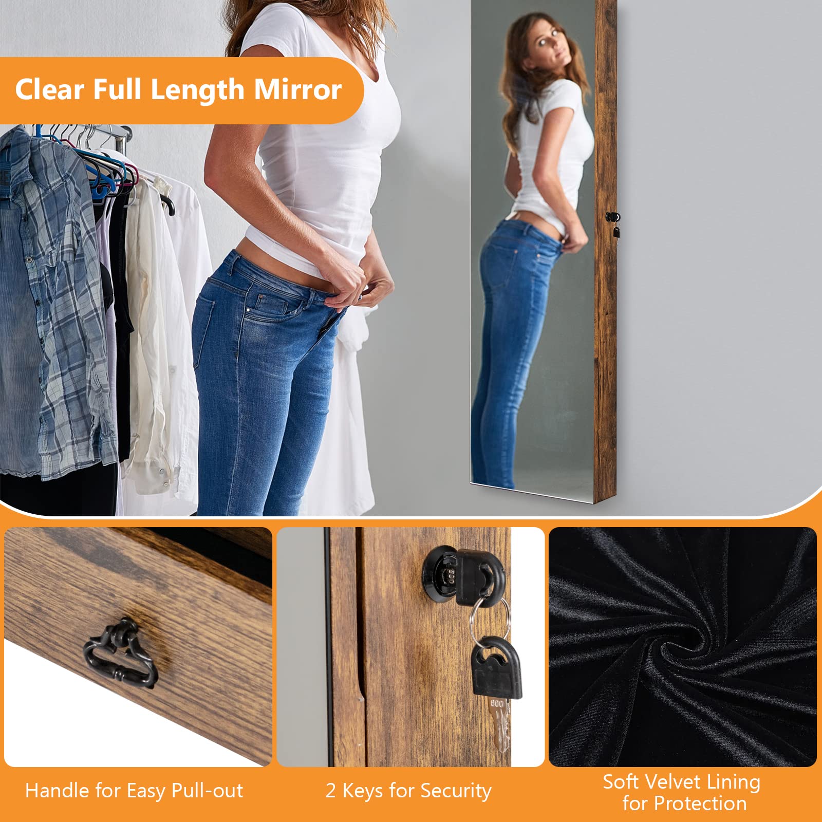 COSTWAY Hanging Jewelry Organizer with Full-Length Mirror & LED Lights - Wall Mount Jewelry Cabinet with Lock, Large Capacity Storage for Necklaces, Rings, Earrings - Perfect for Bedroom, Closet or Dressing Room (Rustic Brown)