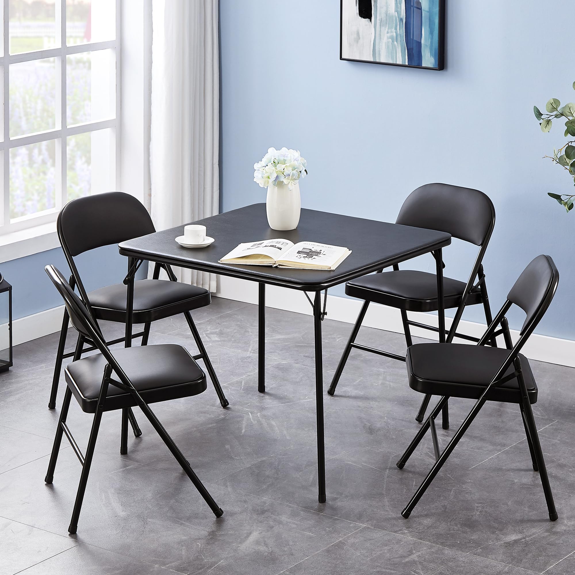 VECELO 5-Piece Folding Card Table and Chair Set - Portable Game Table with Padded Tabletop, No Assembly Required, Black - Perfect for Indoor/Outdoor Parties, Poker Nights, and Family Gatherings