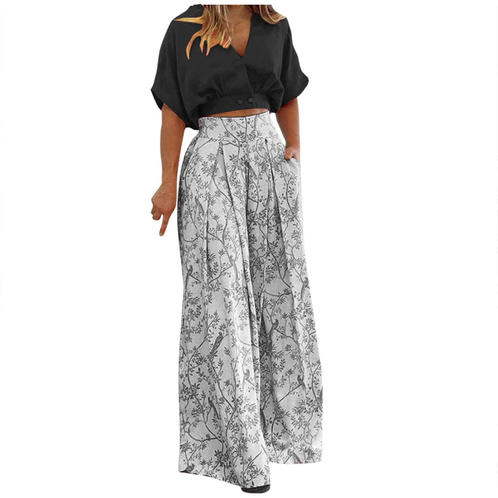 Women's 2-Piece Outfit Set - V-Neck Cropped Top & Printed Wide Leg Pants Lounge Suit (S, Black) | Casual Wear, Christmas Party Outfits 2023, Holiday Gatherings & Lounge Sets for Women