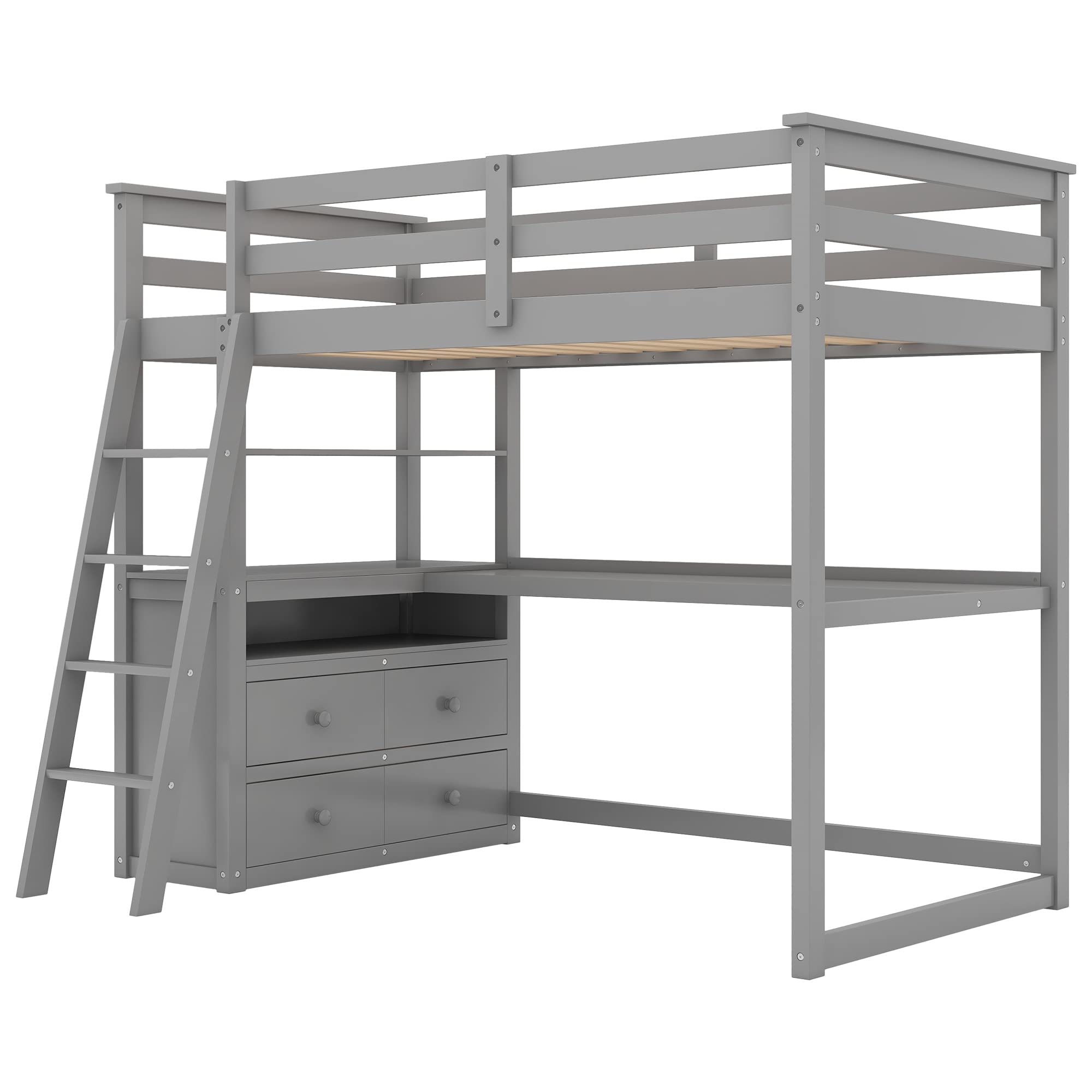 **SOFTSEA Twin Size Loft Bed with Built-in Desk & Drawers - Solid Wood High Loft Bed with Storage Shelves - Multifunctional Space-Saving Bed for Kids, Teens, Boys & Girls - Grey - Perfect for Small Bedrooms, Dorms & Apartments**