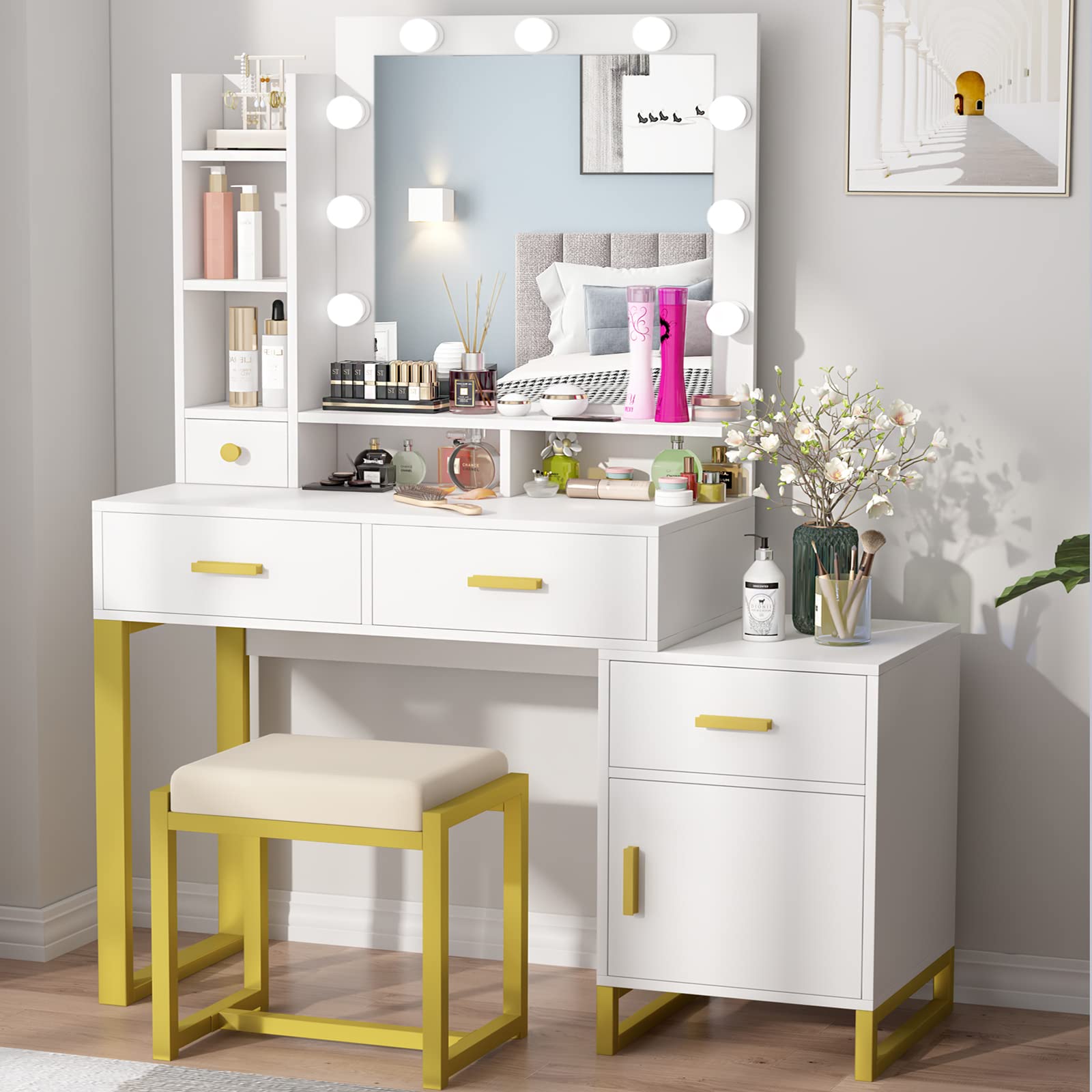 PAKASEPT Vanity Set with LED Lighted Mirror, Makeup Vanity Desk with 9 Bulbs, Cushioned Stool, Storage Shelves & Drawers, White Dressing Table for Bedroom - Perfect for Makeup Application, Skincare Routine & Home Decor
