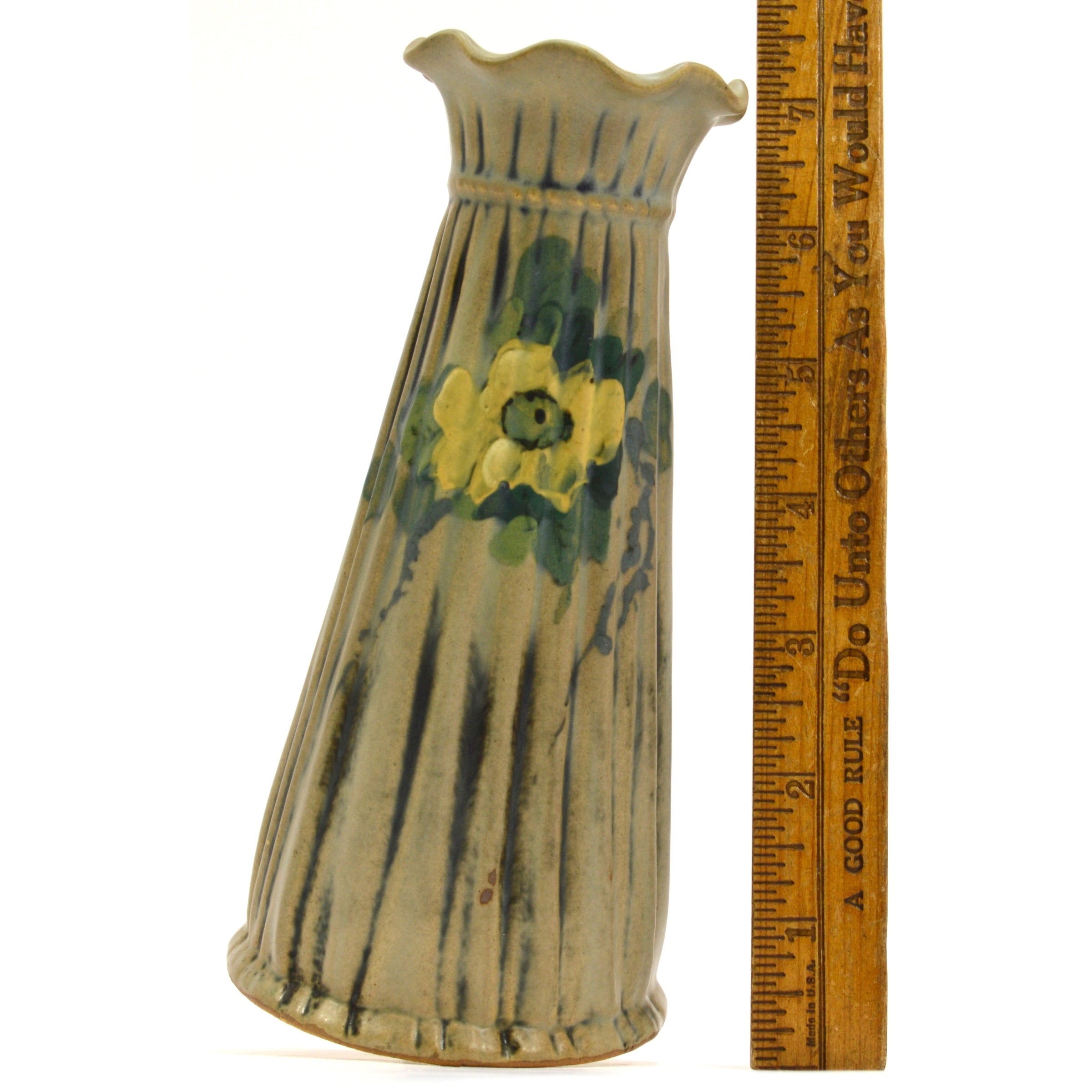 Antique Weller Louella Bud Vase - 6.75 Inch Matte Glazed Yellow Flower Vase with Ruffle Lip - Perfect for Home Decor, Floral Arrangements & Vintage Collections