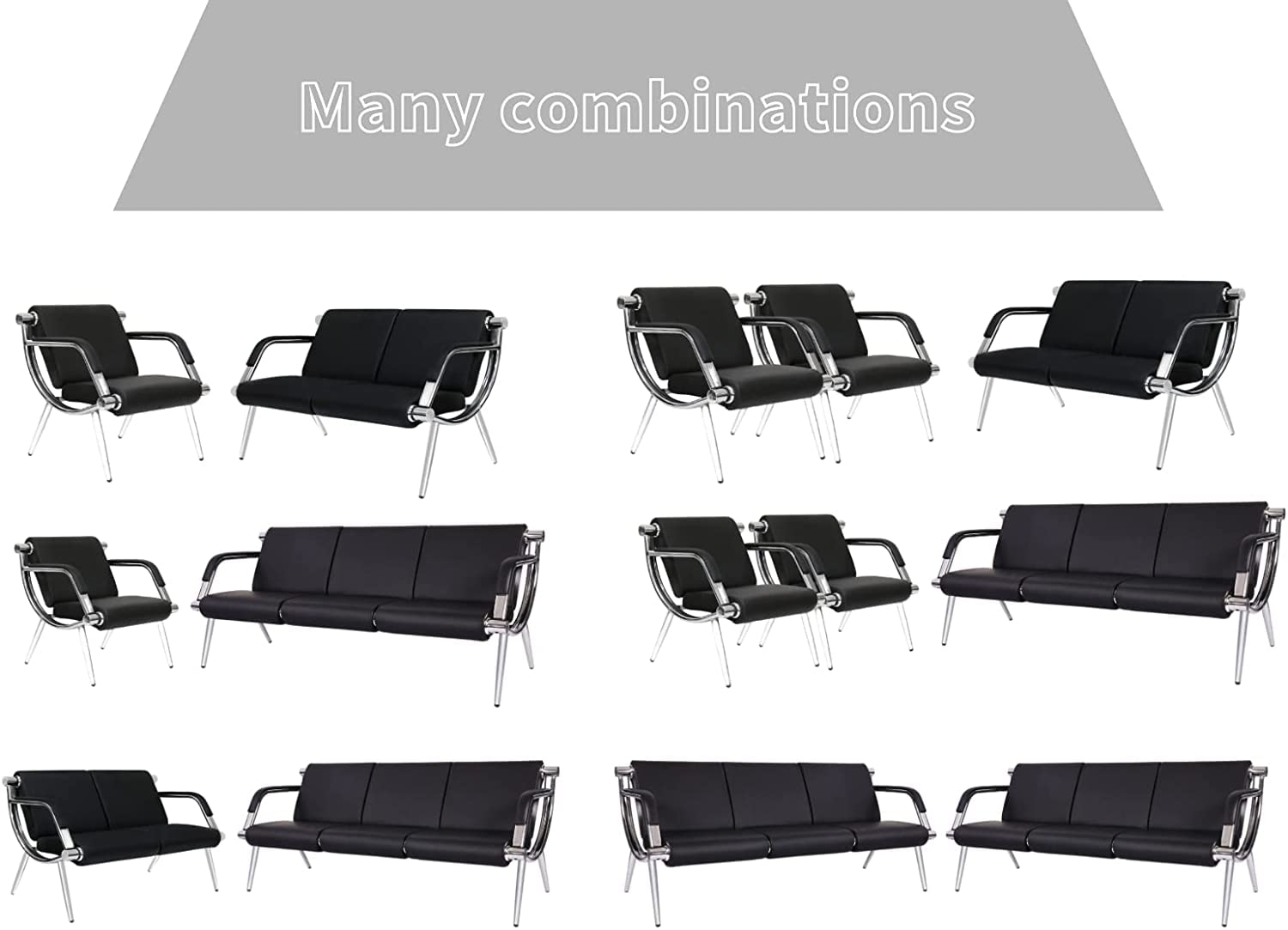 Kinfant 5-Seat Waiting Room Sofa Set - PU Leather Office Reception Chairs with Armrests for Waiting Areas, Airport Lounges, Hospitals & Banks (Black) - Durable Commercial Furniture for High-Traffic Public Spaces