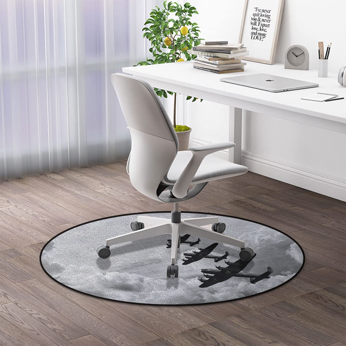 Non-Slip Round Floor Mat for Hardwood & Tile Floors - 36 Inch Black & White Office Chair Mat, Multi-Purpose Rug for Home, Battle Royal Air Force Design - Perfect for Home Office, Gaming Room & Workspace Protection