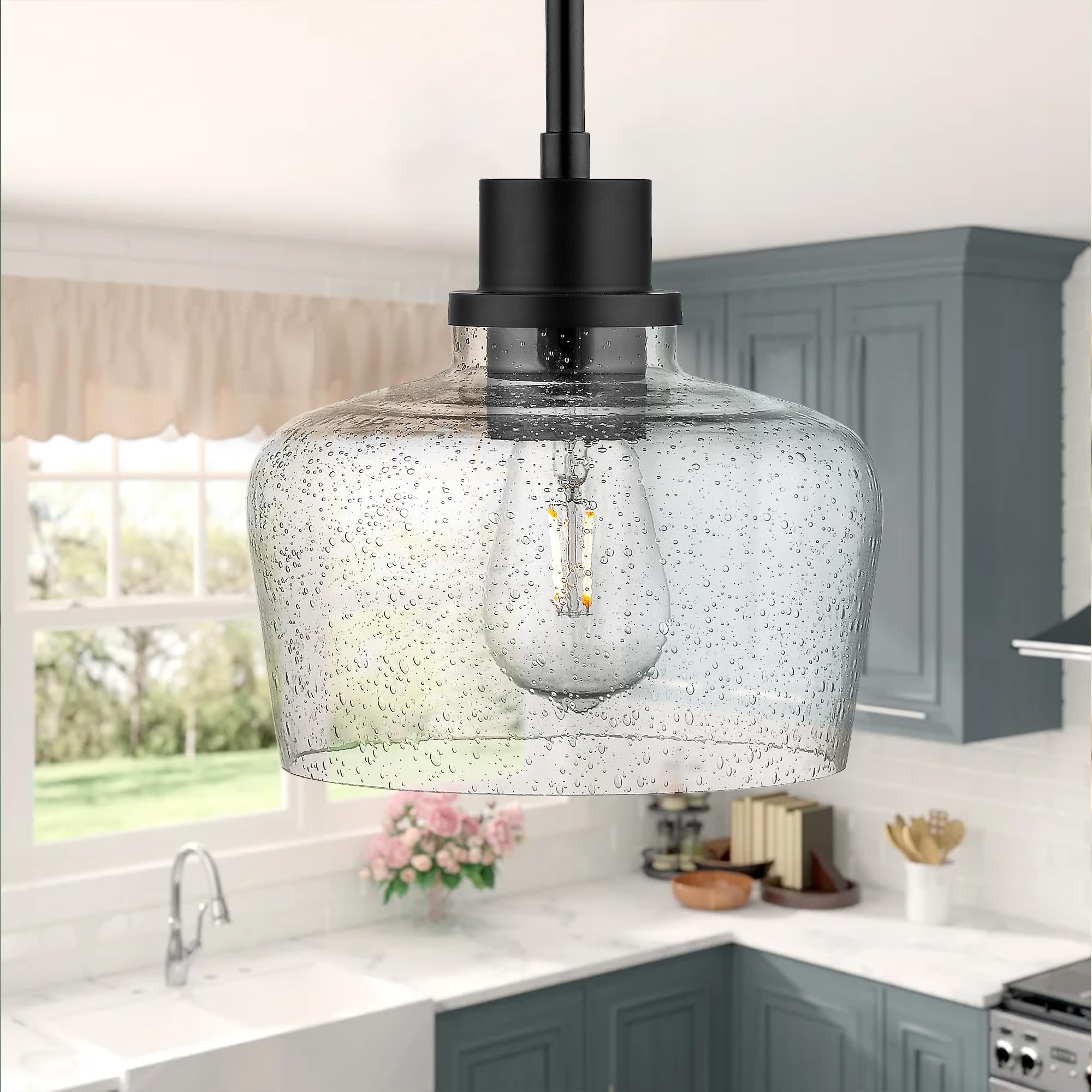 Emak Modern Farmhouse Black Pendant Light Fixture with Seeded Glass Shade - 8 Inch Hanging Light for Kitchen Island, Dining Room, Bathroom & Bedroom | Rustic Industrial Lighting for Home Decor