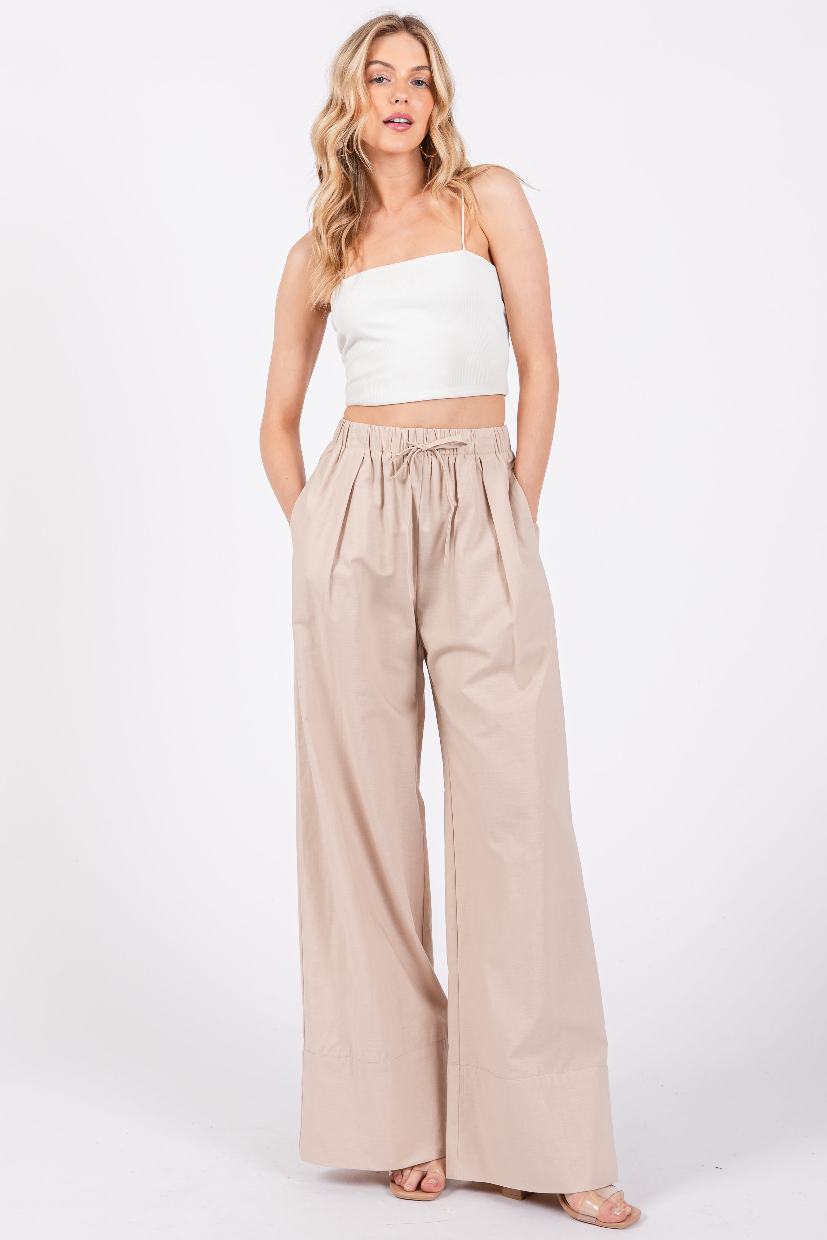 Beige Pleated Drawstring Waist Pants for Women - Comfortable High Waisted Casual Trousers with Elastic Band | Perfect for Office, Travel & Everyday Wear