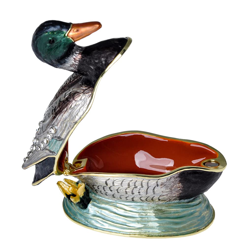 Golden Crystal Enameled Mallard Duck Jewelry Box - Hand-Painted Hinged Bird Trinket Box for Home Décor, Unique Gift for Bird Lovers | Perfect for Jewelry Storage, Display Shelf & Wedding Gift
