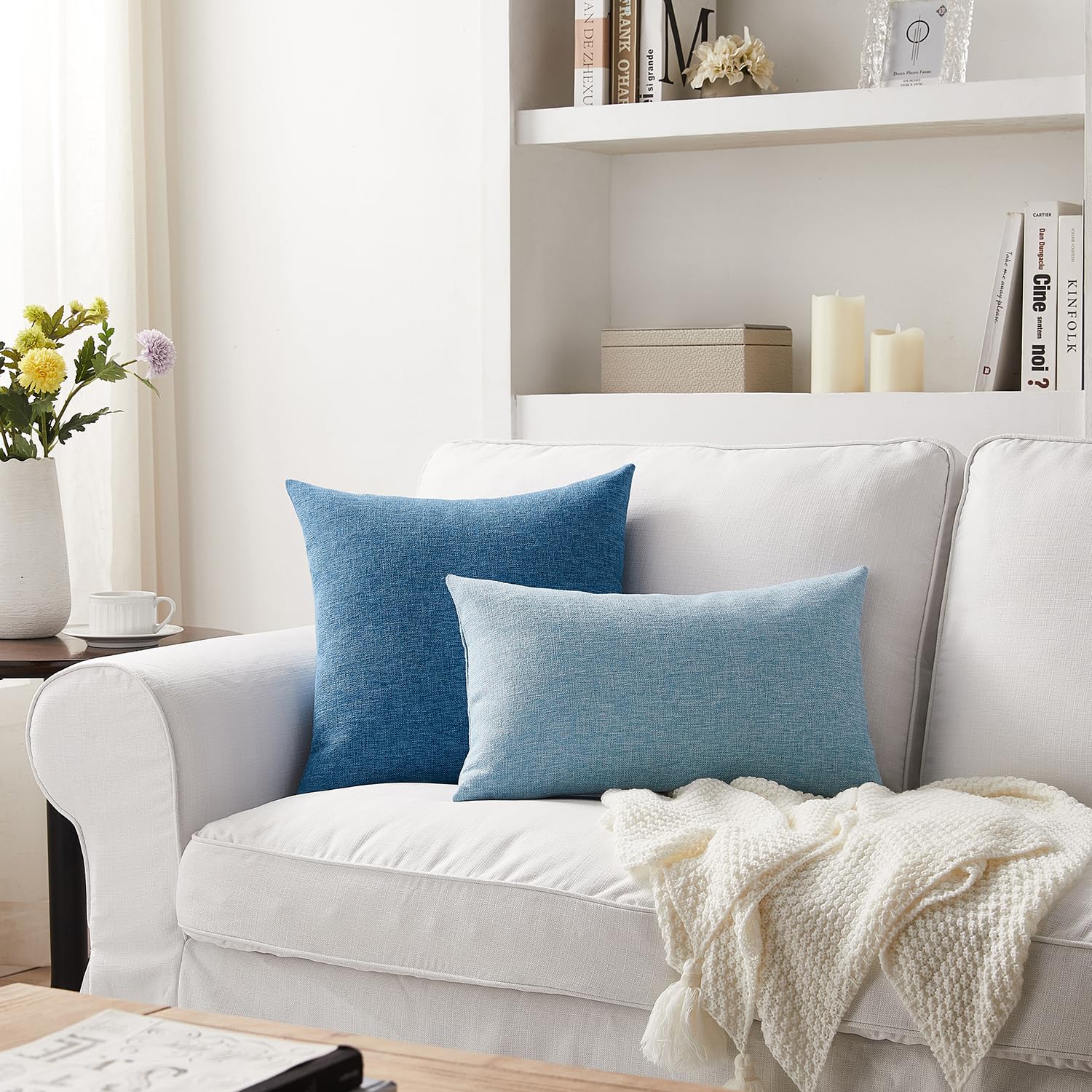 Meekio Set of 2 Blue Boho Farmhouse Decorative Pillow Covers 22x22 Inch - Linen Throw Pillow Cases for Sofa, Couch & Bed - Home Decor, Living Room & Bedroom Accent