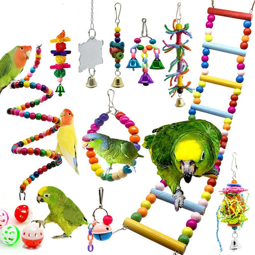 14 Pcs Bird Chewing Toys Set - Parrot Hanging Bell, Cage Swing & Ladder Toys for Small & Medium Birds - Perfect for Parakeets, Cockatiels, Macaws, Conures, Budgies, Lovebirds & Finches - Great for Cage Enrichment & Playtime