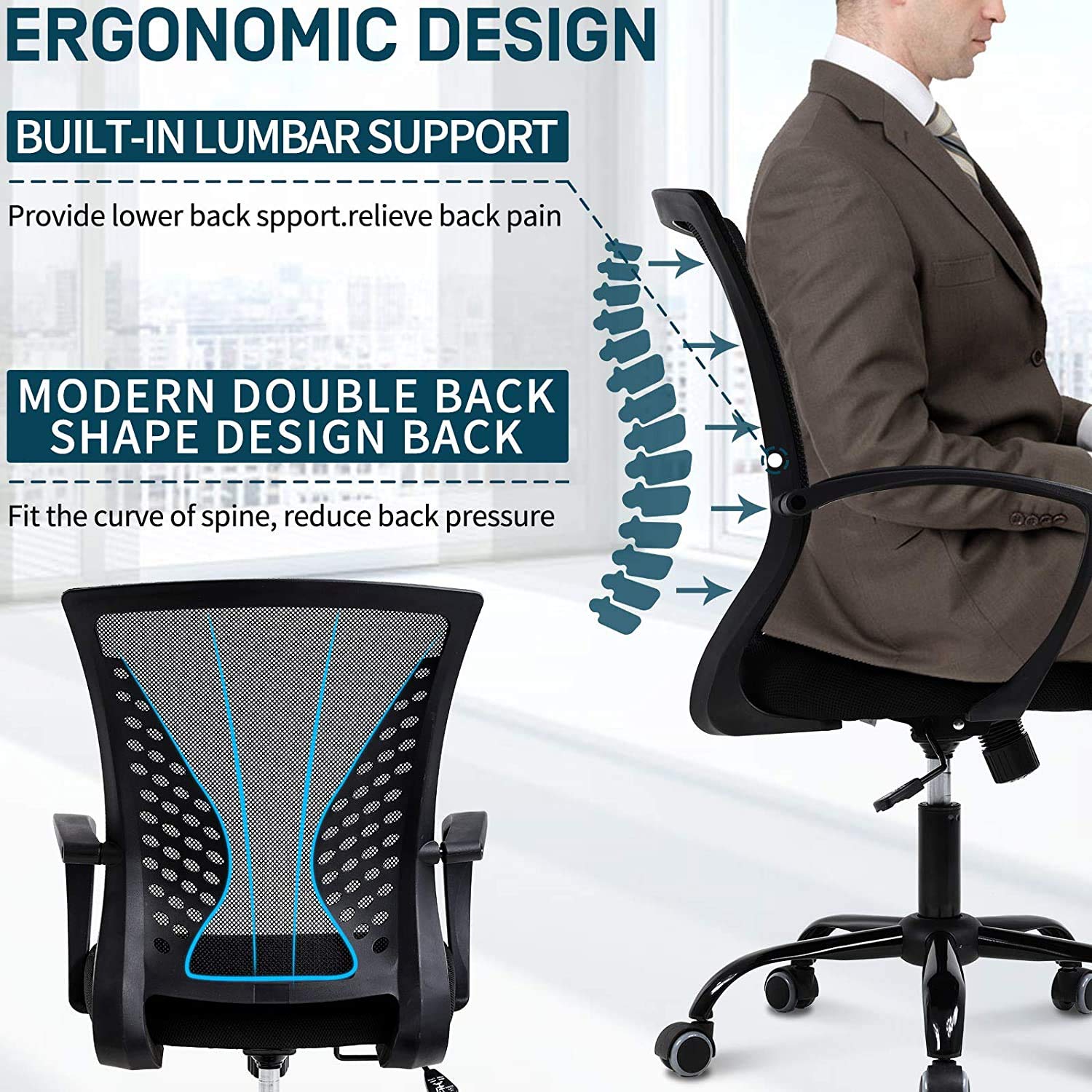 Ergonomic Office Chair - Adjustable Mid Back Mesh Computer Chair with Lumbar Support & Armrests - Modern Rolling Task Chair for Home Office, Study, or Executive Workspace - Black