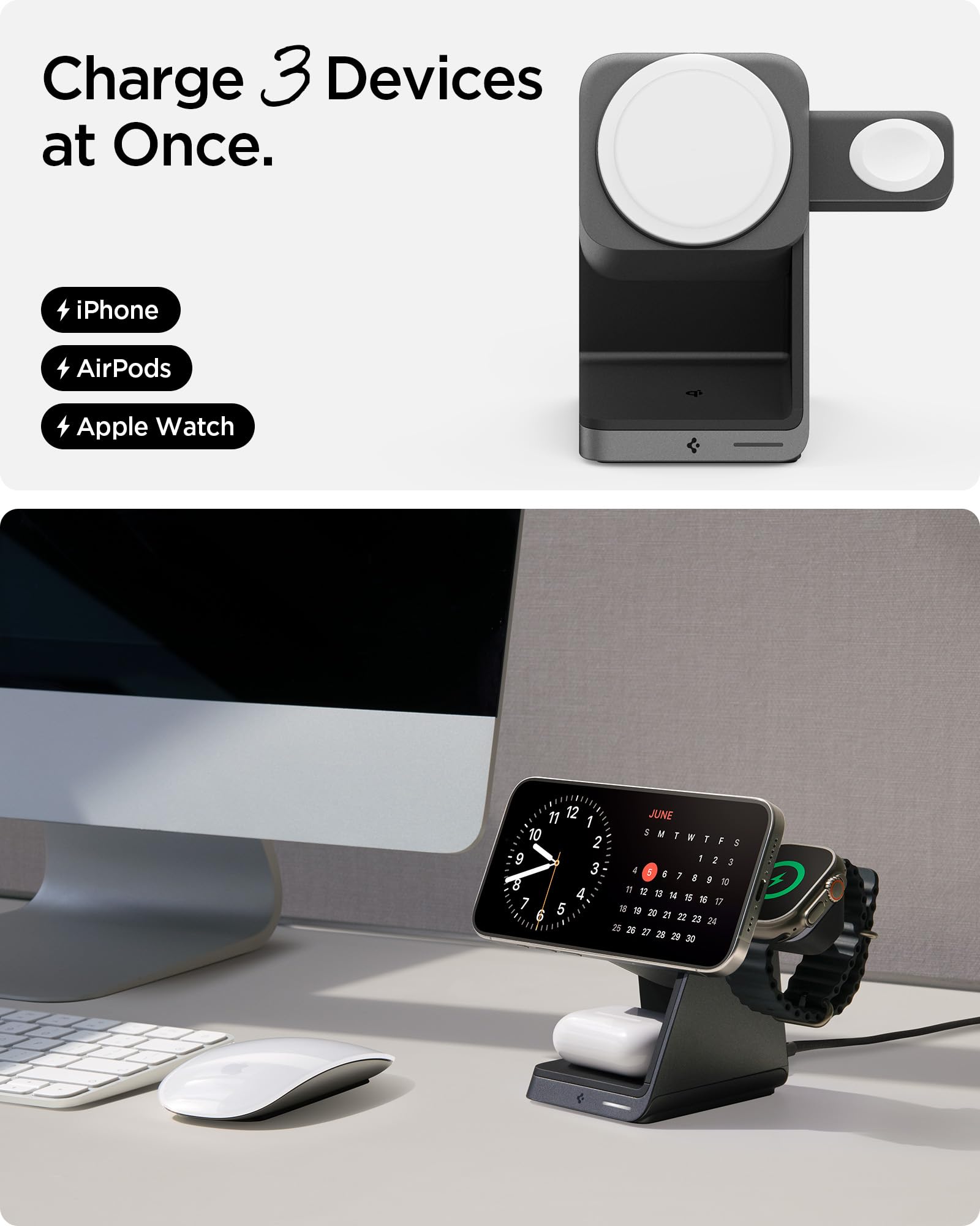 Spigen 3-in-1 Wireless Charging Station | Certified MagSafe Charger Stand with 15W Fast Charging for iPhone 16 Series (Pro Max/Pro/Plus) & iPhone 15/14/13 | Compatible with AirPods, Apple Watch 10 & Ultra 2 | Perfect for Home, Office & Travel Use
