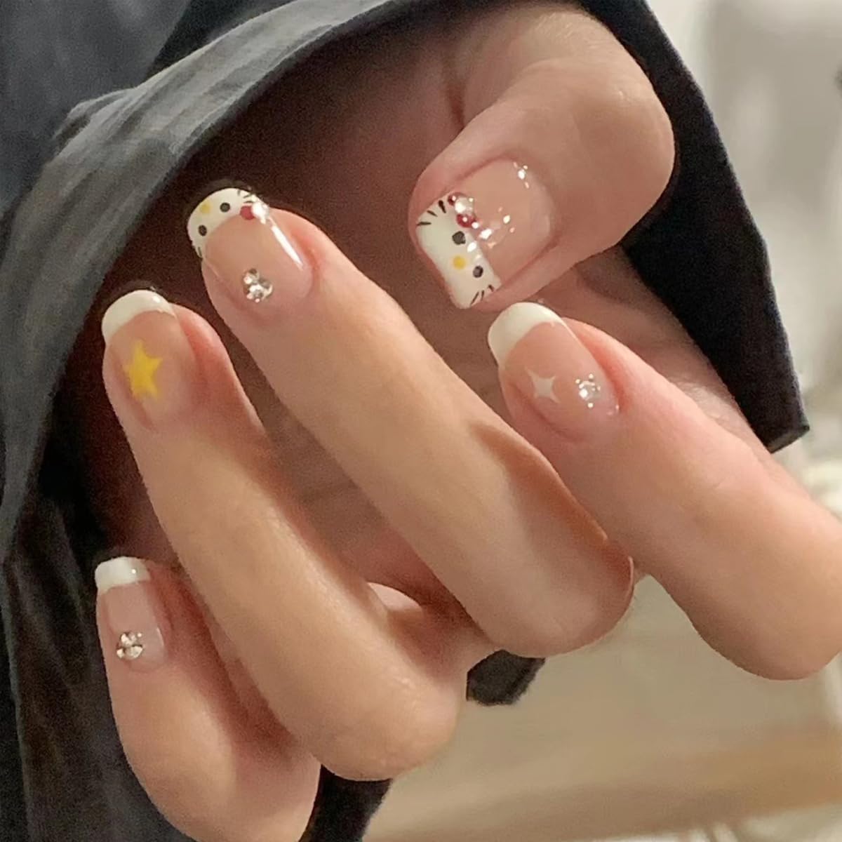 24Pcs Short Square French Tip Press on Nails with Rhinestone Star Designs - White Acrylic Fake Nails for Women & Girls - Perfect for Parties, Weddings, and Everyday Nail Art Decorations