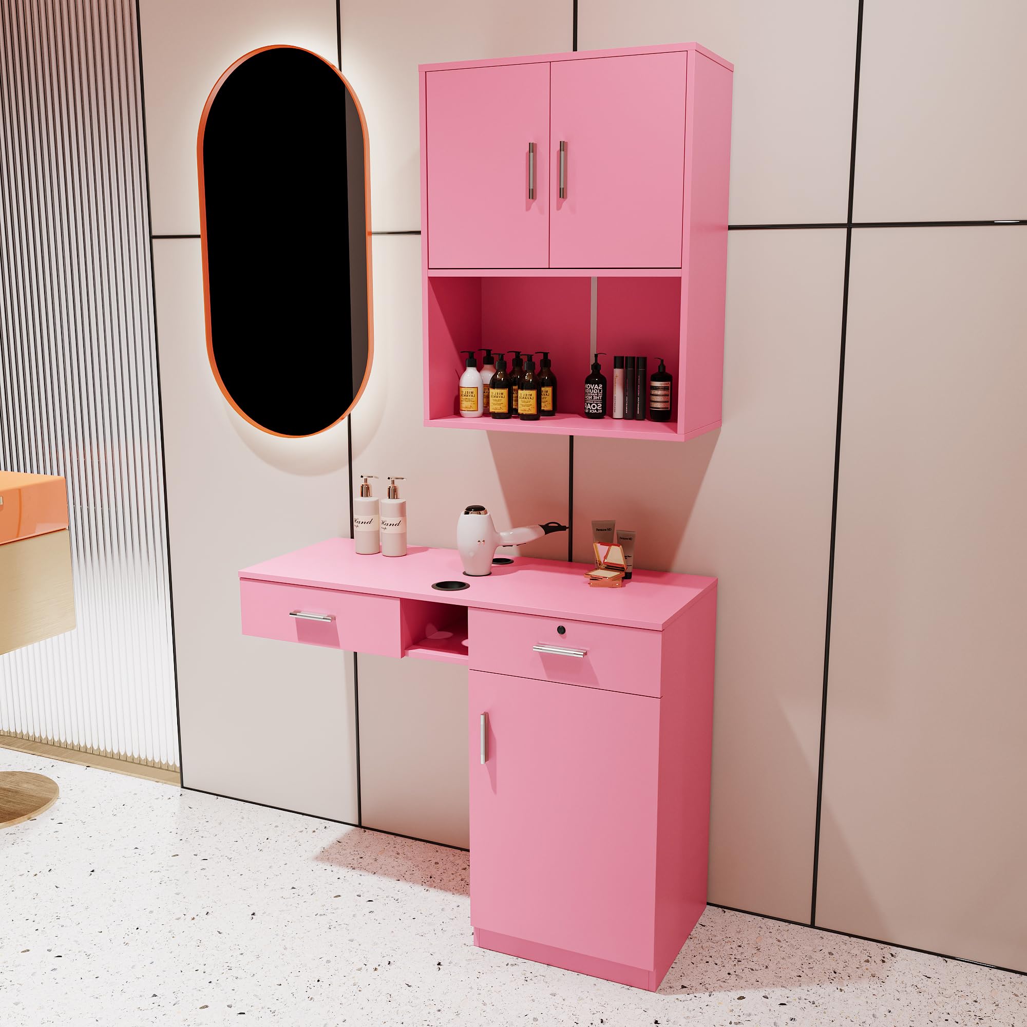 Taikonaut Wall Mount Barber Station w/Storage & Lockable Drawers - Salon Equipment for Stylists