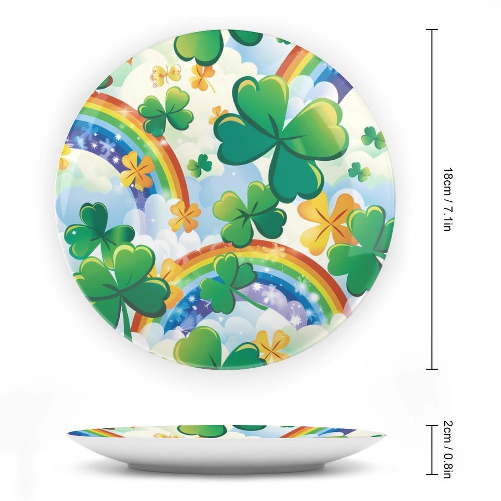 St. Patrick's Day Shamrock Clover Rainbow Ceramic Decorative Plates - 4-Piece Set with Stand for Kitchen, Dining Room & Home Decor - Perfect for Irish Themed Parties, Holiday Display & Festive Table Settings