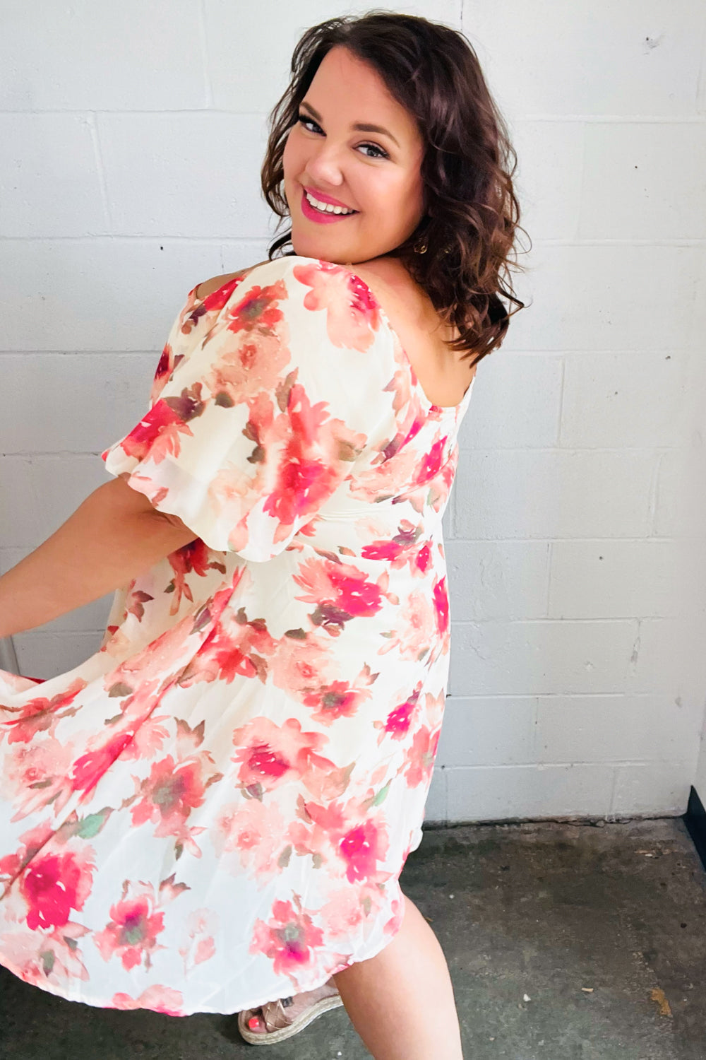 Elegant Peach Floral Chiffon Puff Sleeve Dress for Women - Summer Wedding Guest Outfit & Garden Party Dress